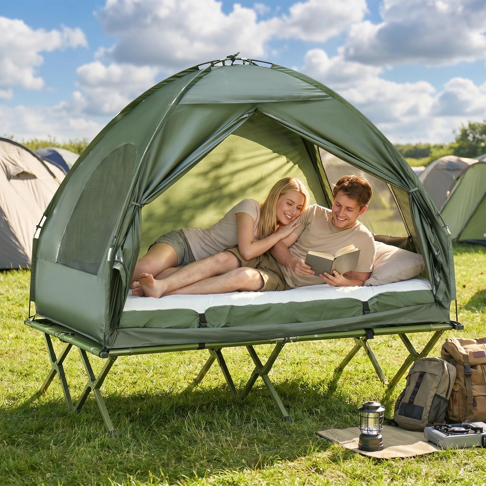 Outsunny Cama Doble de Camping Plegable con Tienda de Campaña 4 en 1 Cama de Campamento Elevada con Colchón Hinchable y Bolsa de Transporte de Tela Oxford 600D Acero 193x145x180 cm Verde
