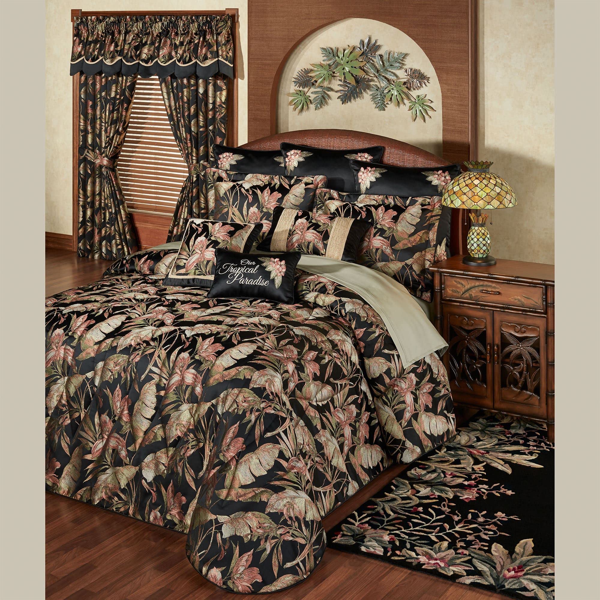 Touch of Class Barbados Grande Bedspread - Black - Queen Size - Tropical Style Bedding - Oversized 24 Inch Drop