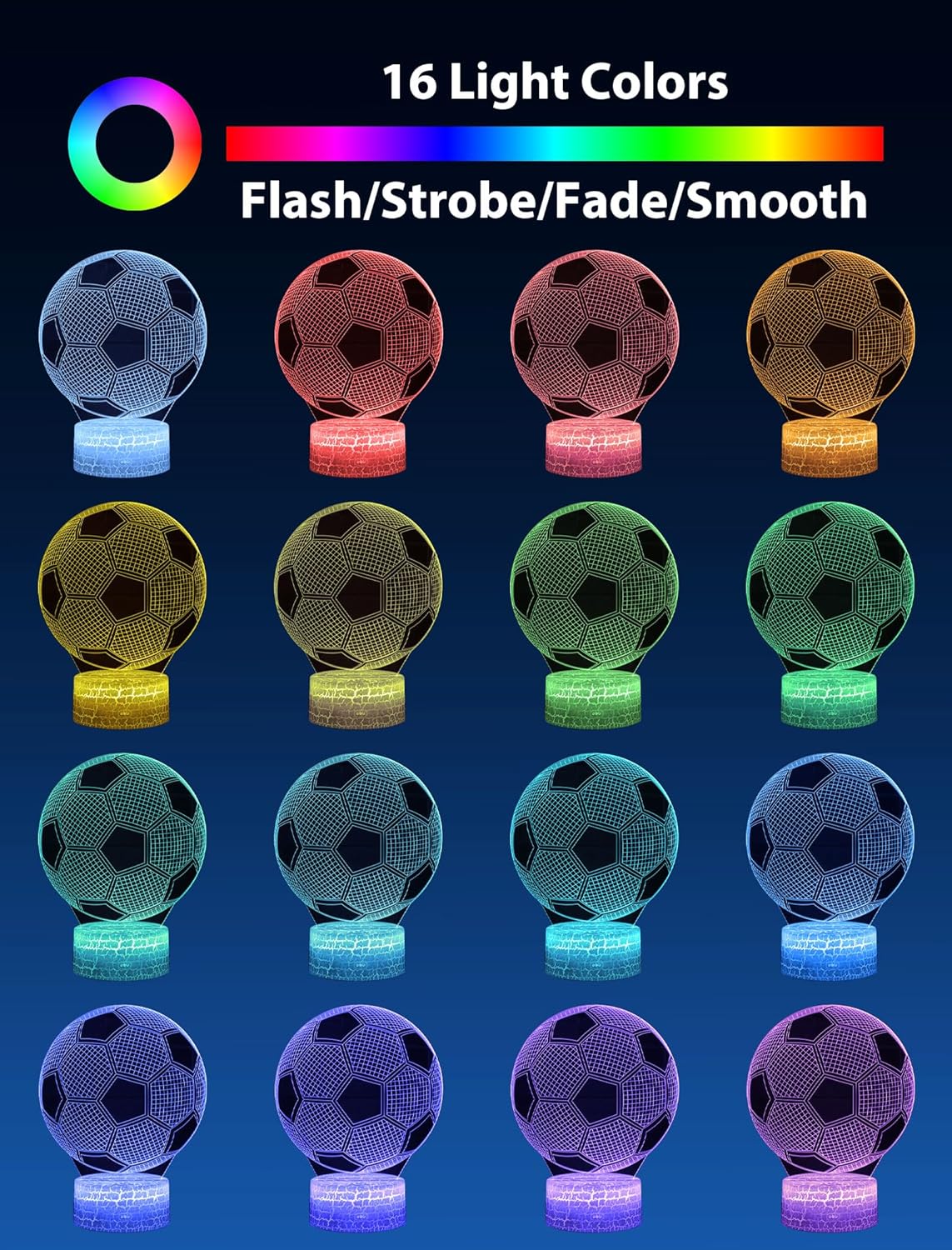 Soccer 3D Illsuion Lamp for Boys, 16 Colors Changing Dimmable with Remote Room Footballer Decor Light, Soccer Gifts for Kids Teens Men Birthday Christmas