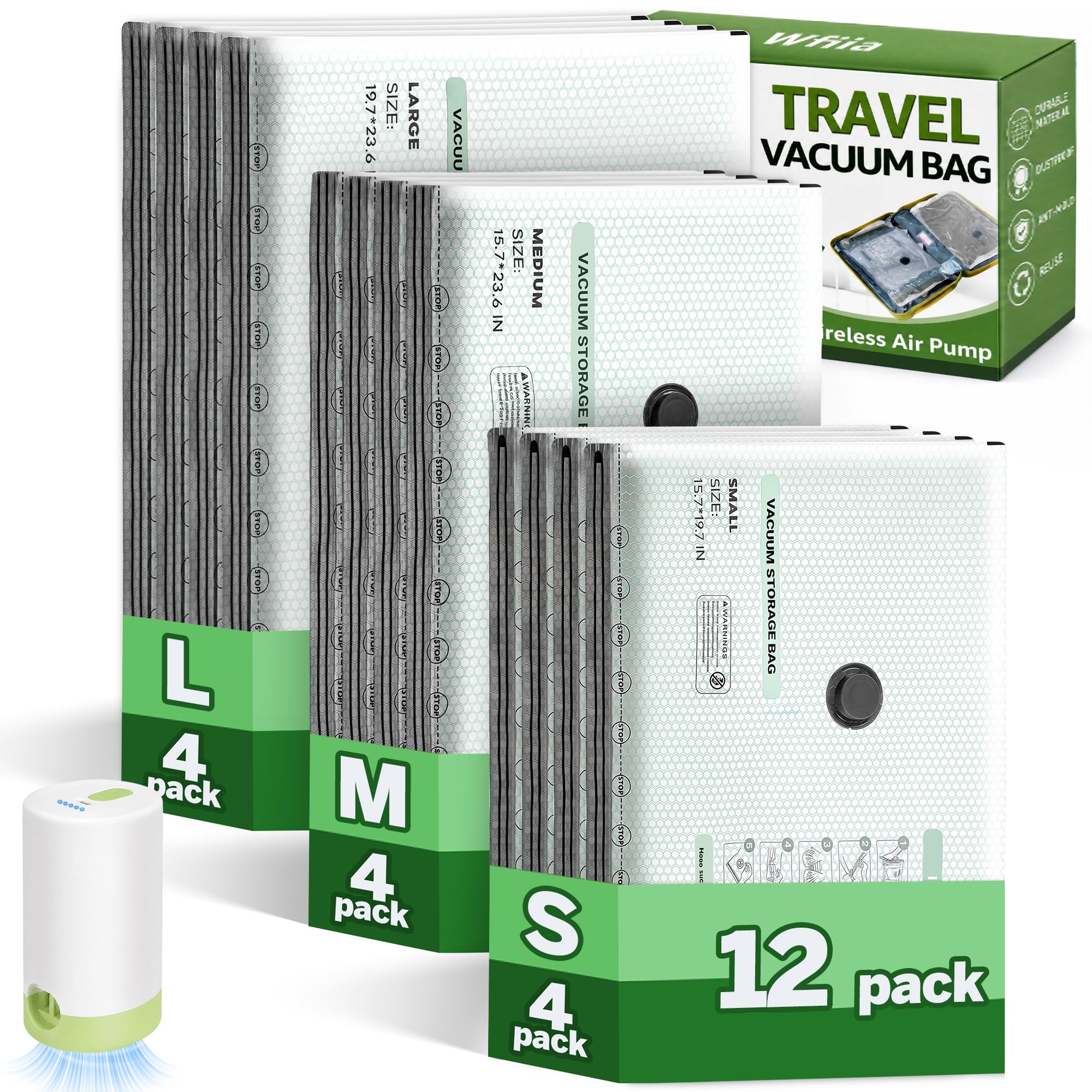 Vakuumbeutel für Reisen, mit wiederaufladbarer Luftpumpe, 3 Größen, Vakuumbeutel für Kleidung, platzsparende Kompressions-Aufbewahrungsbeutel für Reisen und Schrankorganisation, 9 + 3 Packungen