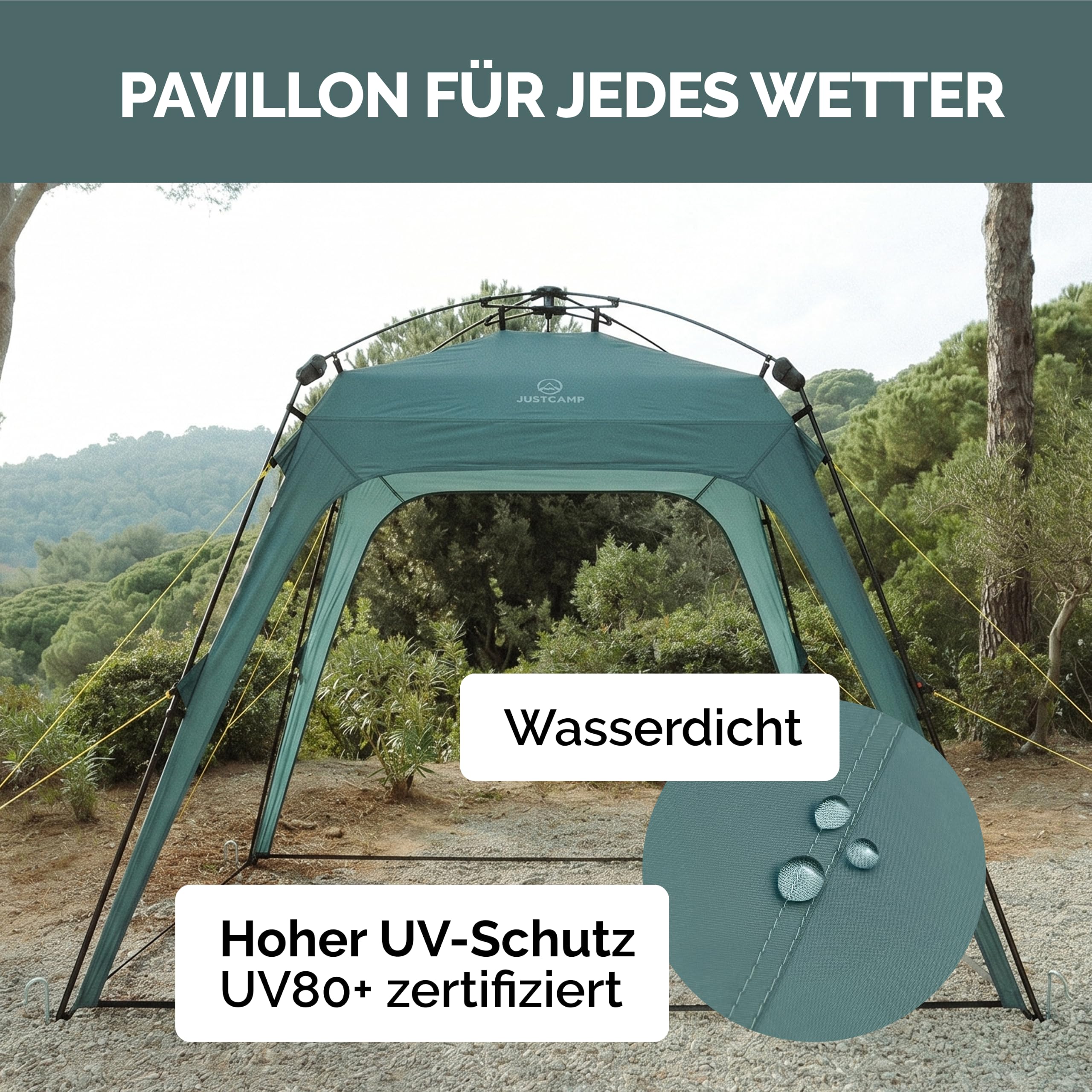 JUSTCAMP wasserdichter Schnellaufbau Pavillon mit 4 Seitenwänden 2,5 x 2,5 m - robuster Outdoor Pavillon faltbar mit UV-Schutz 80+ für Garten, Camping, Festival & Strand - leichtes Pop Up Zelt