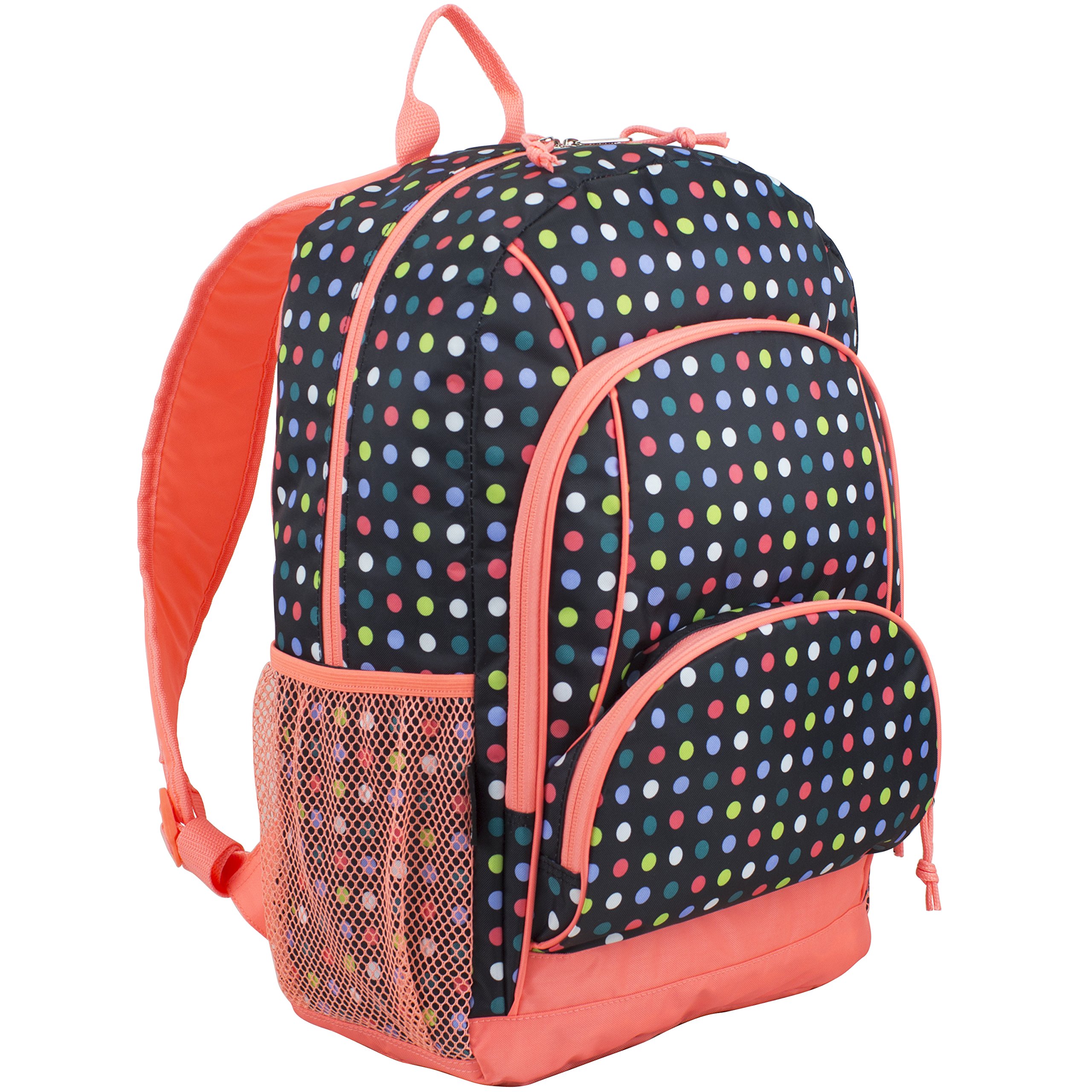 EastsportLaptop Backpack, Multipurpose Casual Daypack, Triple Compartments Bookbag for College, Hiking, Work, 18 Inches, Black/Peach Multi Color Dots