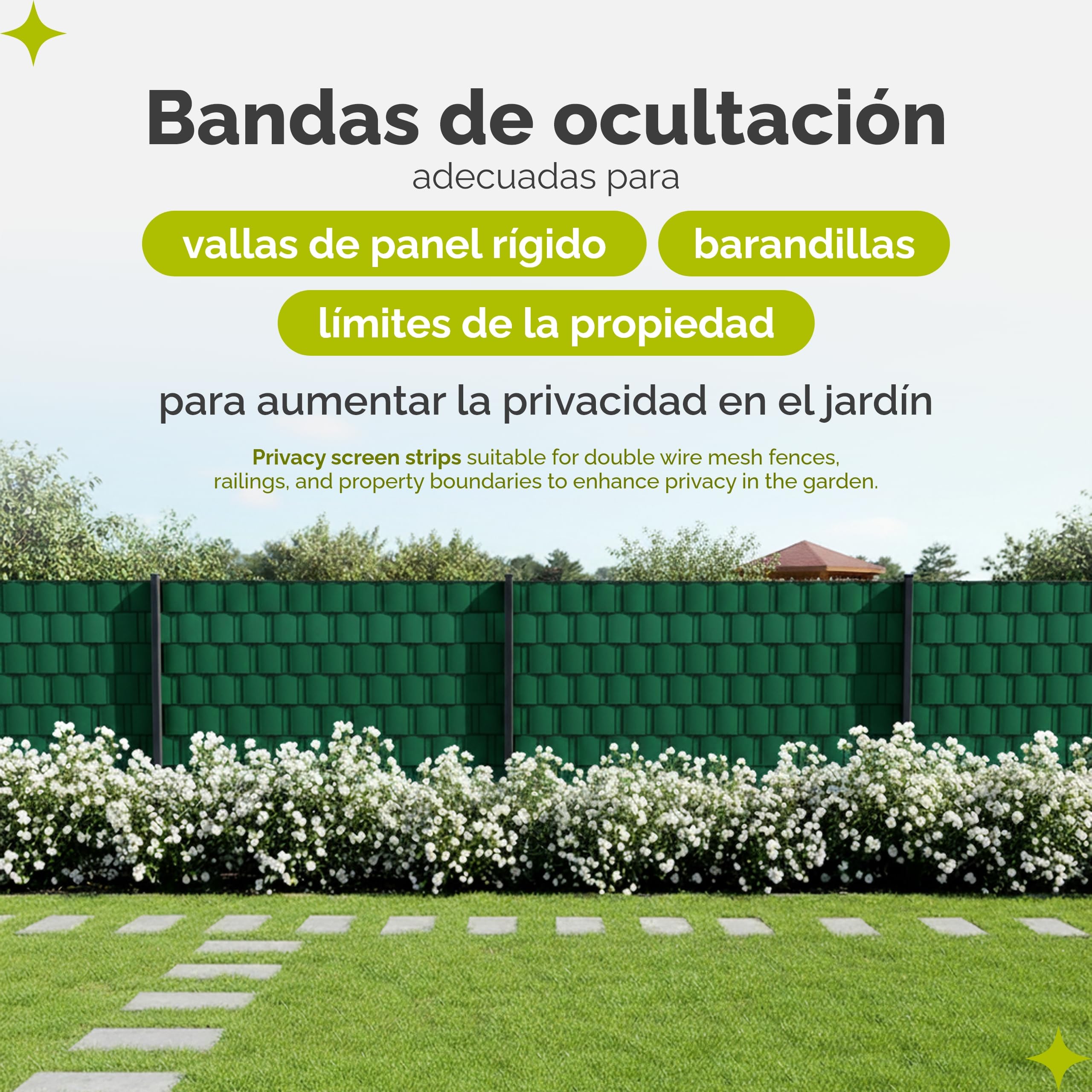 Garronda Cinta Pantalla de Privacidad PVC para Valla Jardin Exterior 19 cm x 50 m - Tiras para Mallas Ocultación y Vallas Caladas en Balcón y Terraza, Resistente a UV con Clips GD-0173 (Verde)