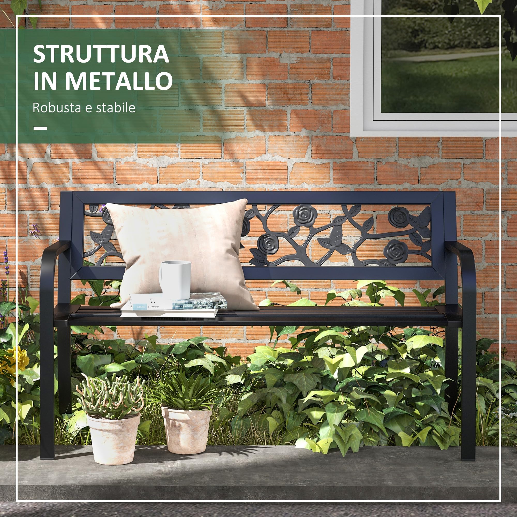 Outsunny 50" Banco Exterior de Metal, Banco 2 plazas Negro | Respaldo con patrón floral, reposabrazos curvo, invernadero, piscina, cubierta, jardín
