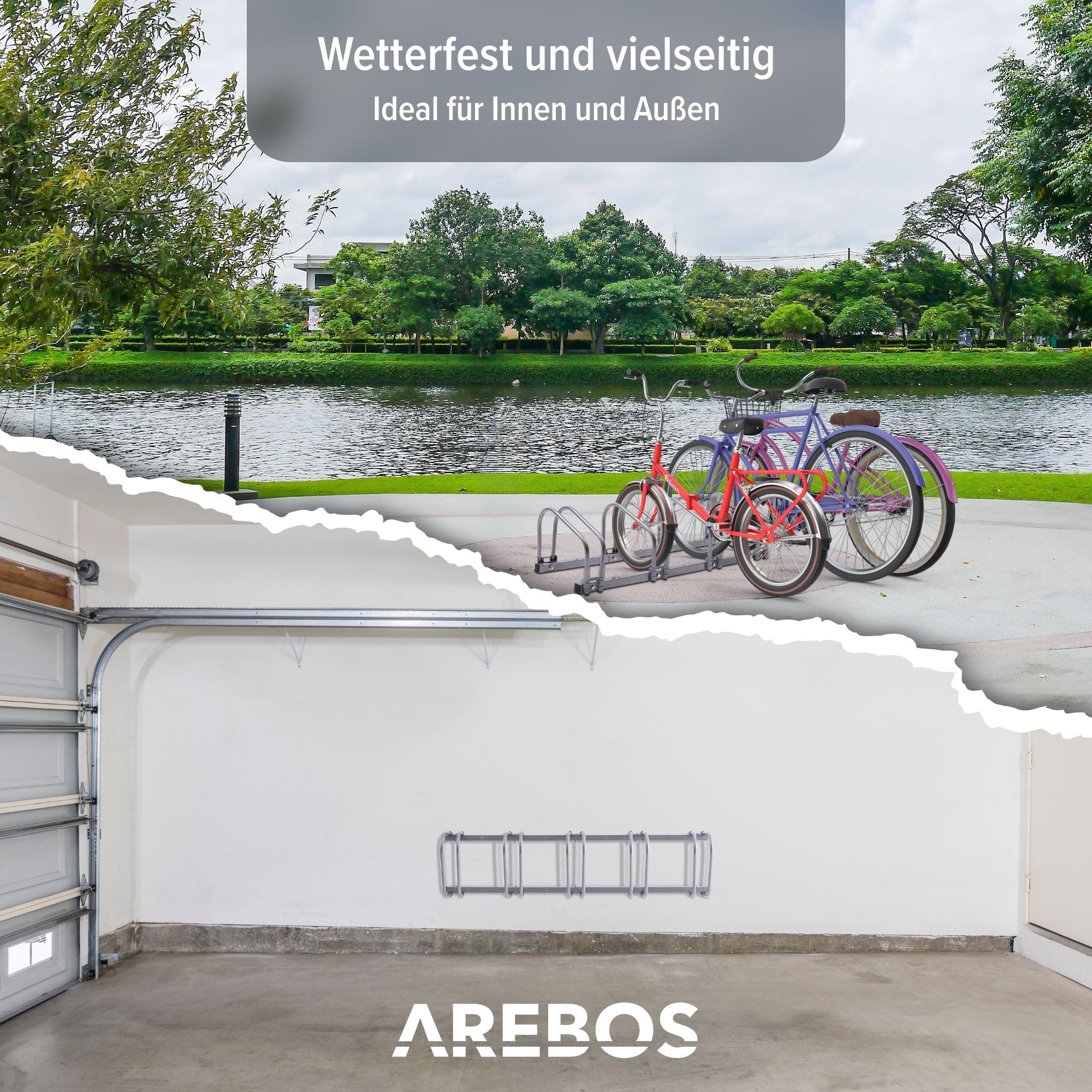 Arebos Fahrradständer für 5 Fahrräder | Mehrfachständer mit 21cm Radabstand | Fahrradhalter für 35-60 mm Reifenbreite | Radständer 130 x 30 x 26 cm | Boden- oder Wandmontage | Aufstellständer Silber