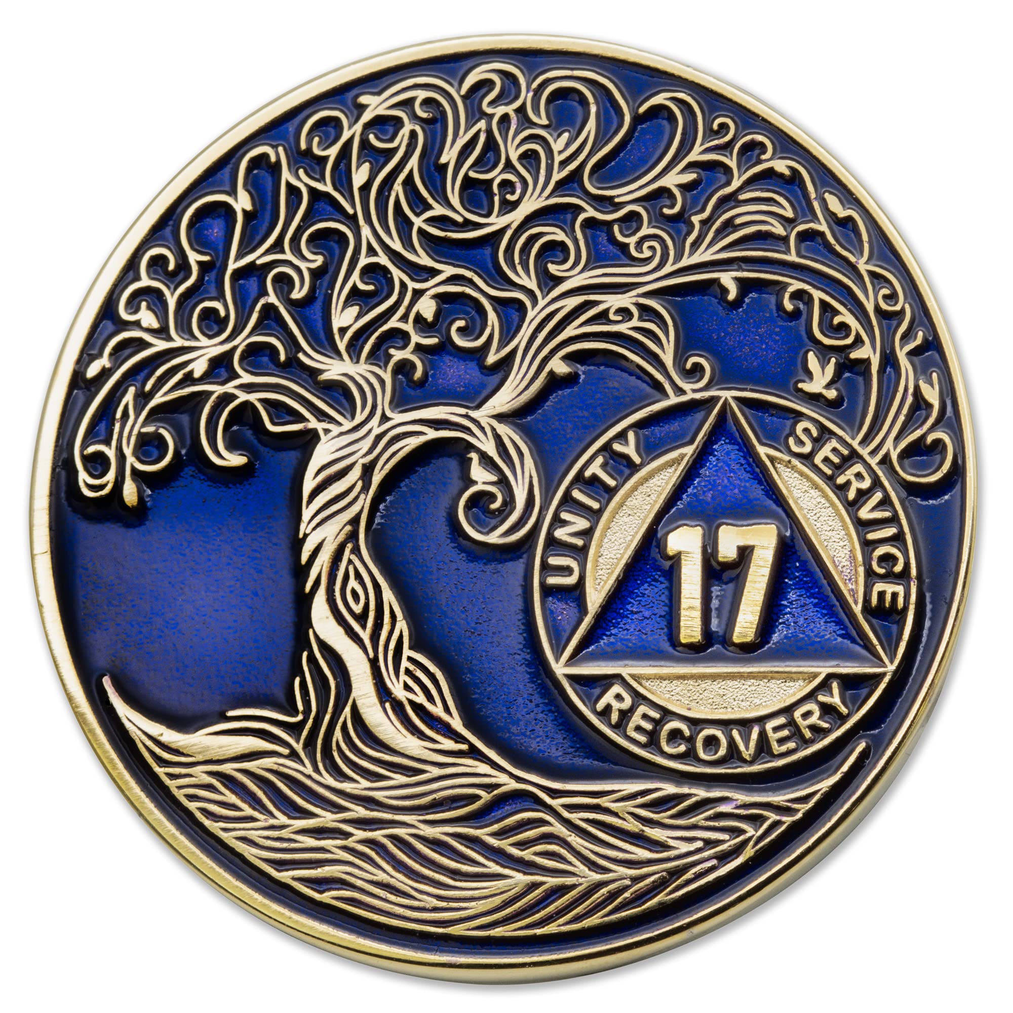 1 to 50 Year Twisted Tree of Life Sobriety Coin - Gold Plated AA Chips &amp; Medallions - 17 Year Sobriety Coin - Translucent Blue