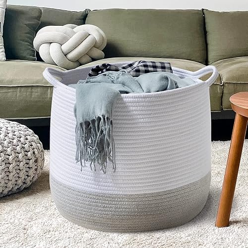 Cesta de almacenamiento tejida con asas, cesta de lavandería grande de 17.3 x 15 x 14.1 pulgadas, organizador de manta de algodón, contenedores de