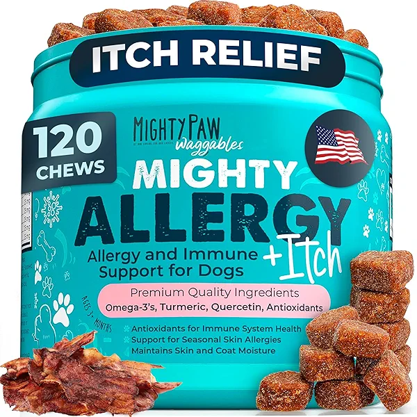 Mighty Paw Waggables Allergy Immune + Itch (Made in The USA) -Dog Chews Anti-Itch for Dogs. Allergy Support Vitamins for Skin and Coat Allergies. Omega 3 & Quercetin for Pets 120 Ct Allergy 