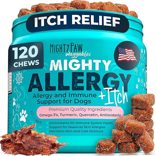 Mighty Paw Waggables Allergy Immune + Itch (Made in The USA) -Dog Chews Anti-Itch for Dogs. Allergy Support Vitamins for Skin and Coat Allergies. Omega 3 & Quercetin for Pets 120 Ct