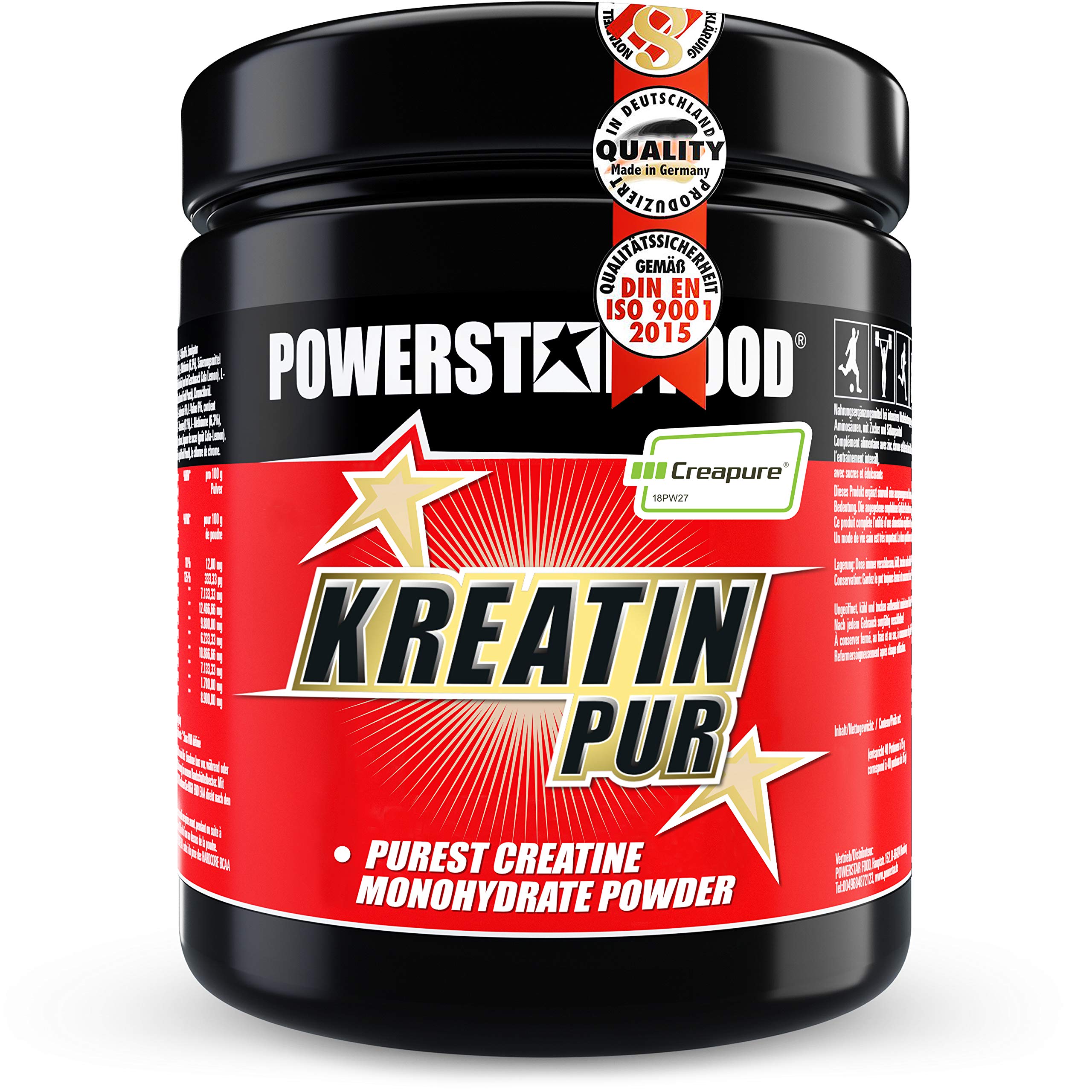 Powerstar Creatina PUR 500 g | 100% puro monohidrato de creatina en polvo Creapure® de fabricación alemana | potenciador de fuerza | vegano | fuerza máxima | resistencia en el entrenamiento |