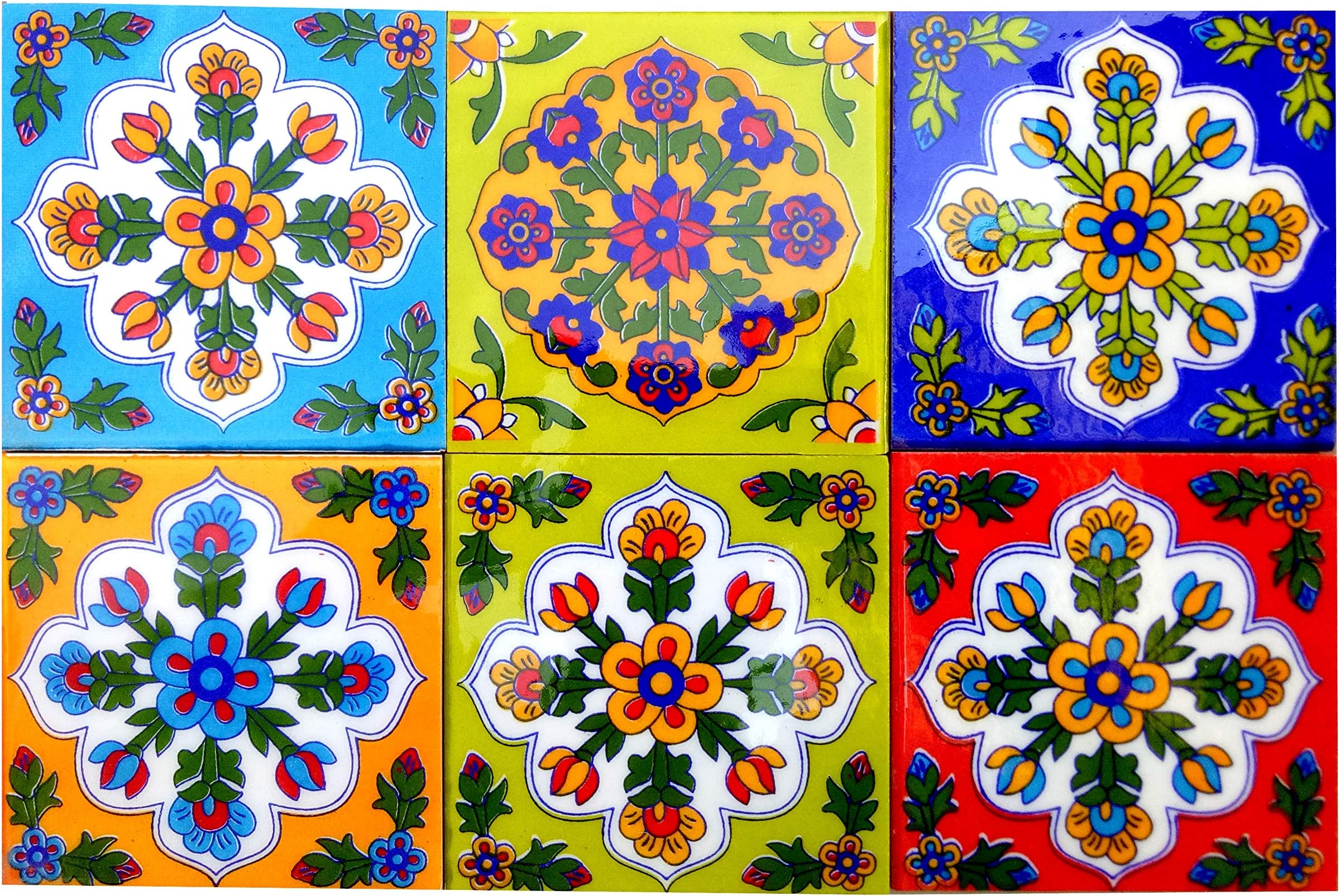Home Decor Flooring Tiles Designer Floral Kitchen Washroom Mosaic Furniture Tile Handmade Ceramic Wall Tile Backsplash 4 x 4 Inch Pack of 6 Tiles (Multi)