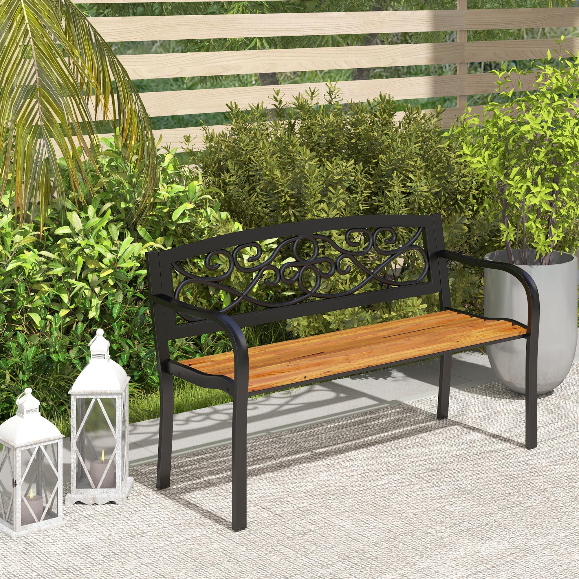 Outsunny Banco de Jardín Exterior de 2 Plazas Banco de Exterior con Asiento de Madera y Marco de Acero para Patio Terraza 127x56x80 cm Negro y Natural