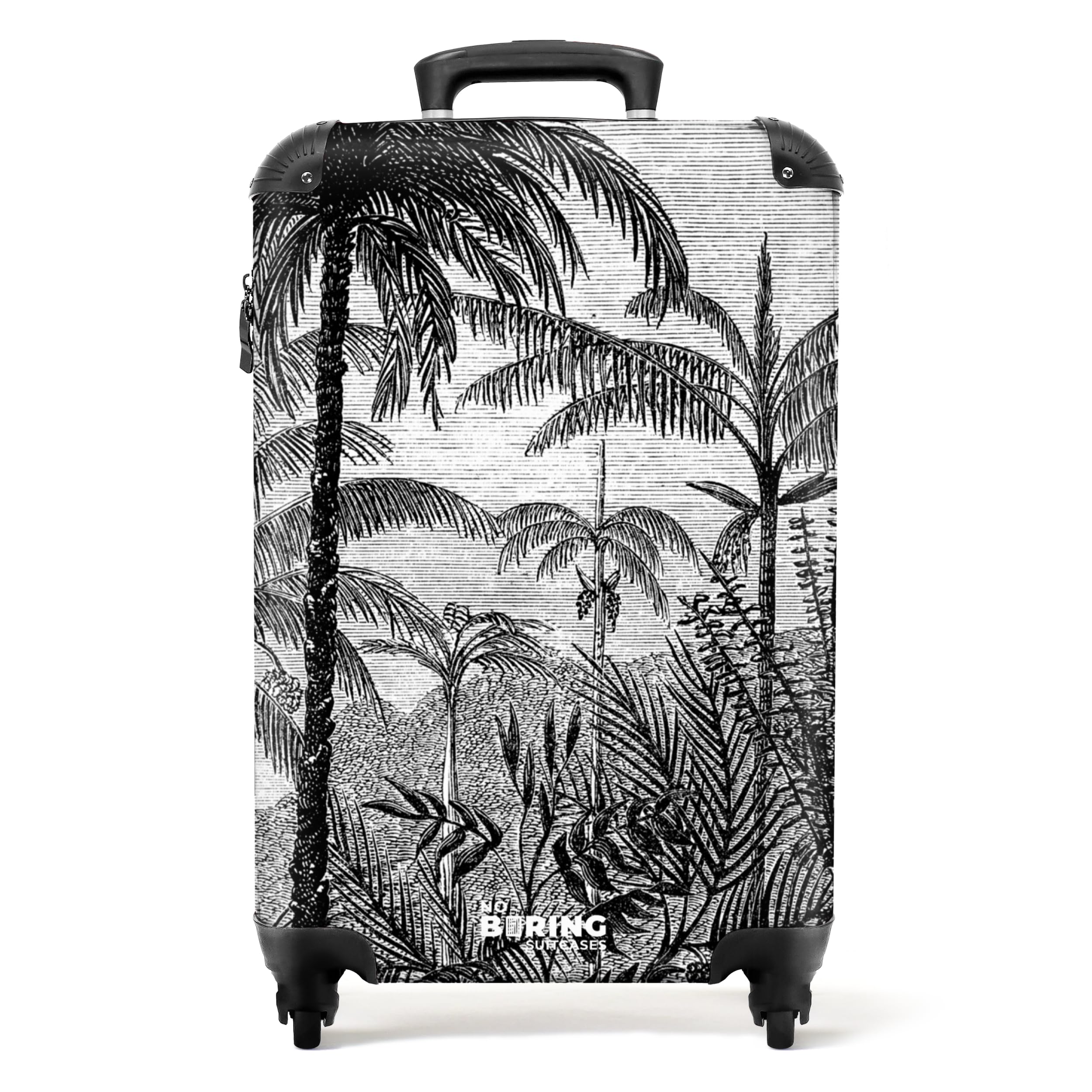 NoBoringSuitcases© Valigia bagaglio a mano | Trolley per cabina leggera, 4 ruote, motivo palme vintage, lucchetto combinazione, resistente ai raggi UV, 55-35-20 cm