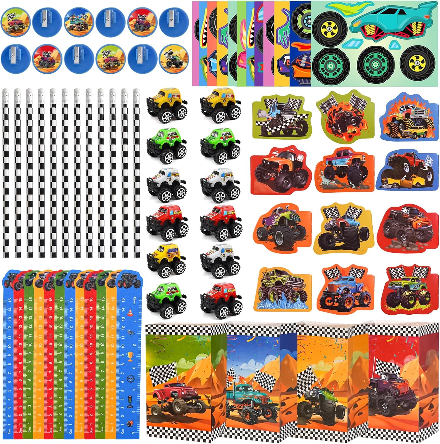 84pcs Truck Party Favors, Car Themed Birthday Party Supplies Including Truck Toys Notebooks Rulers Pencils DIY Stickers Pencil Sharpener, Race Car Themed Party Goodies Classroom Rewards