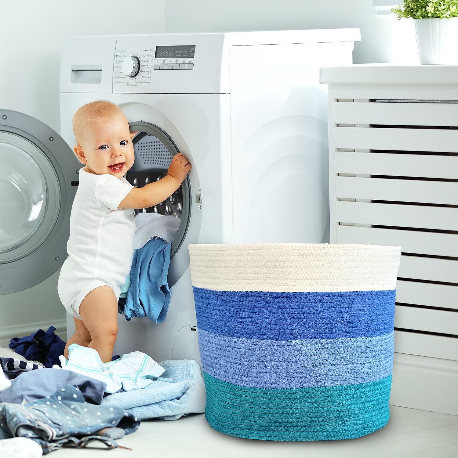 OrganizerLogic Storage Baskets - Blue- Large 15"x 15"x 13" Cotton Rope Storage Bins for Organizing Toys, Baby, Kids, Laundry Bin- Natural Woven Basket