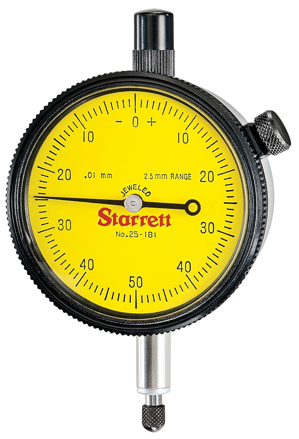 Series 25 Dial Indicator with Jewel Bearing, 0.01mm Graduation Interval, 1.0-2.5mm Range, 0-50-0 Dial Reading, 9.5mm Stem Diameter, Yellow Dial