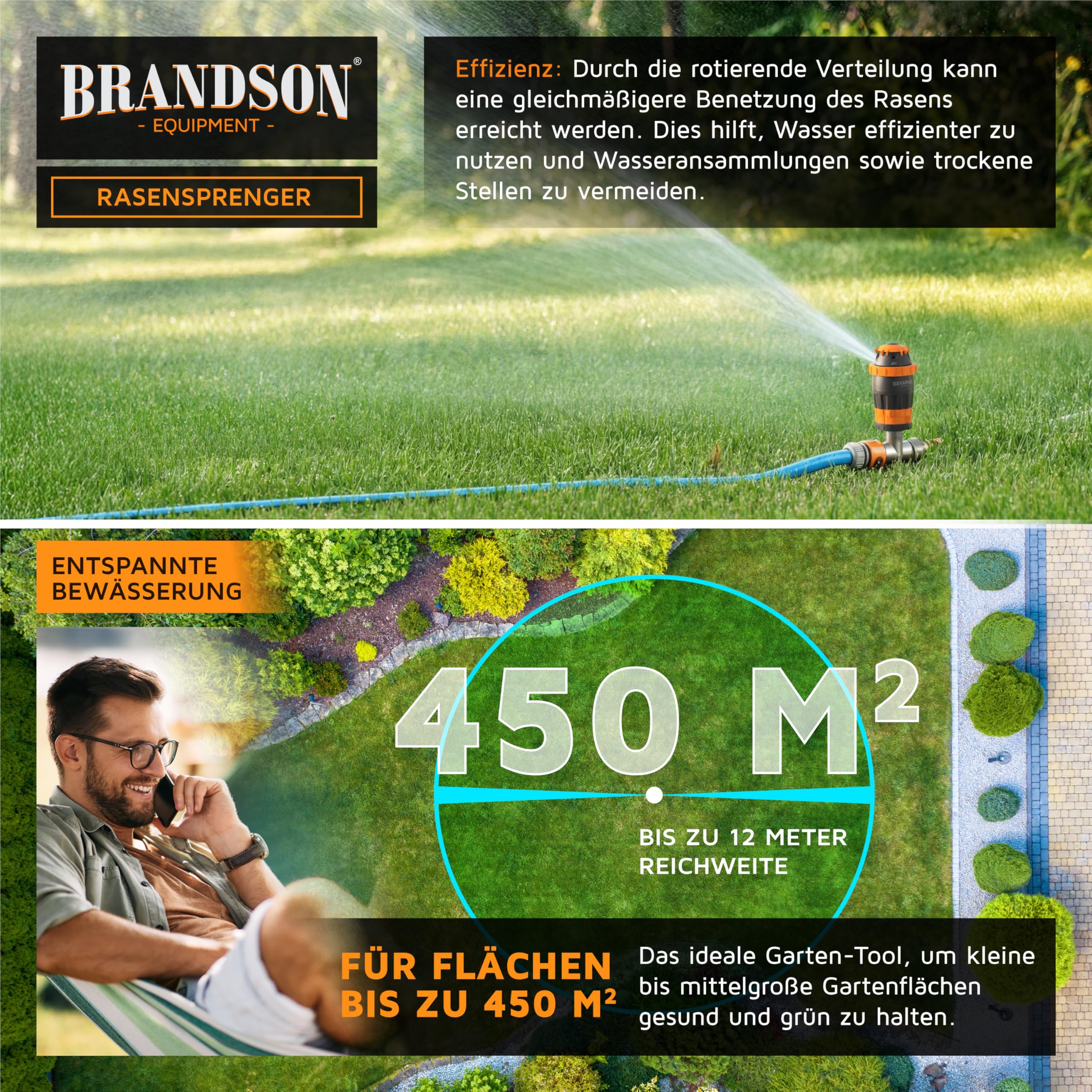 Brandson – Rasensprenger Rasensprinkler 360 Grad – fünf Sprühmuster – große Flächen – Gartensprenger 3/4 Zoll– einstellbare Sprühbreit – Edelstahl Erdspieß – einstellbare Sprühweite – Schmutzfilter
