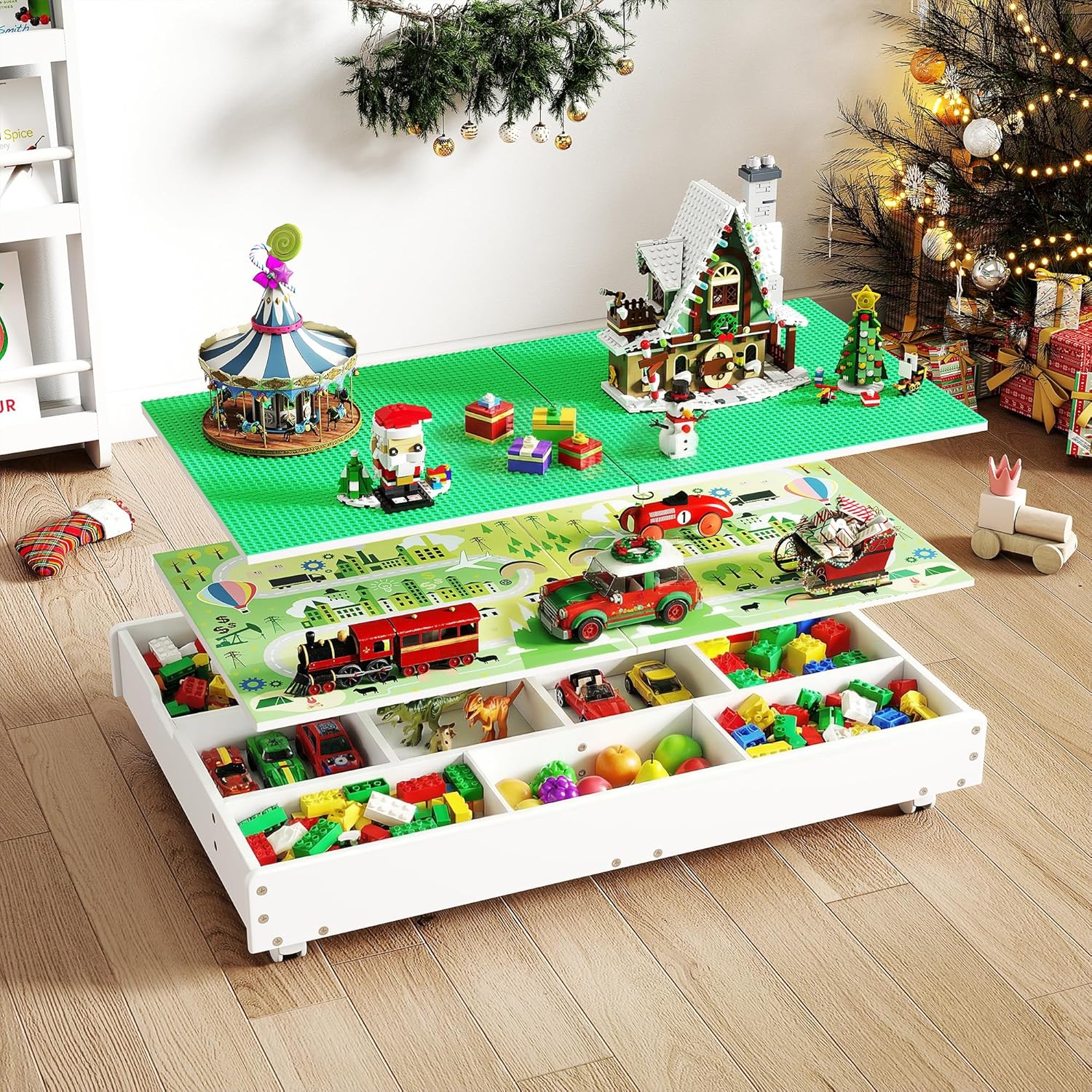 3-in-1 Construction Play Table with Storage Compatible with Lego, Rolling Kids Activity Table, Double Sided Desktop, Train Table for Toddlers 3-8, Convenient Storage Under The Bed and Sofa