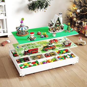 GITAWUSA 3-in-1 Construction Play Table with Storage Compatible with Lego, Rolling Kids Activity Table, Double Sided Desktop, Train Table for Toddlers 3-8, Convenient Storage Under the Bed and Sofa