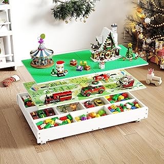 3-in-1 Construction Play Table with Storage Compatible with Lego, Rollin...