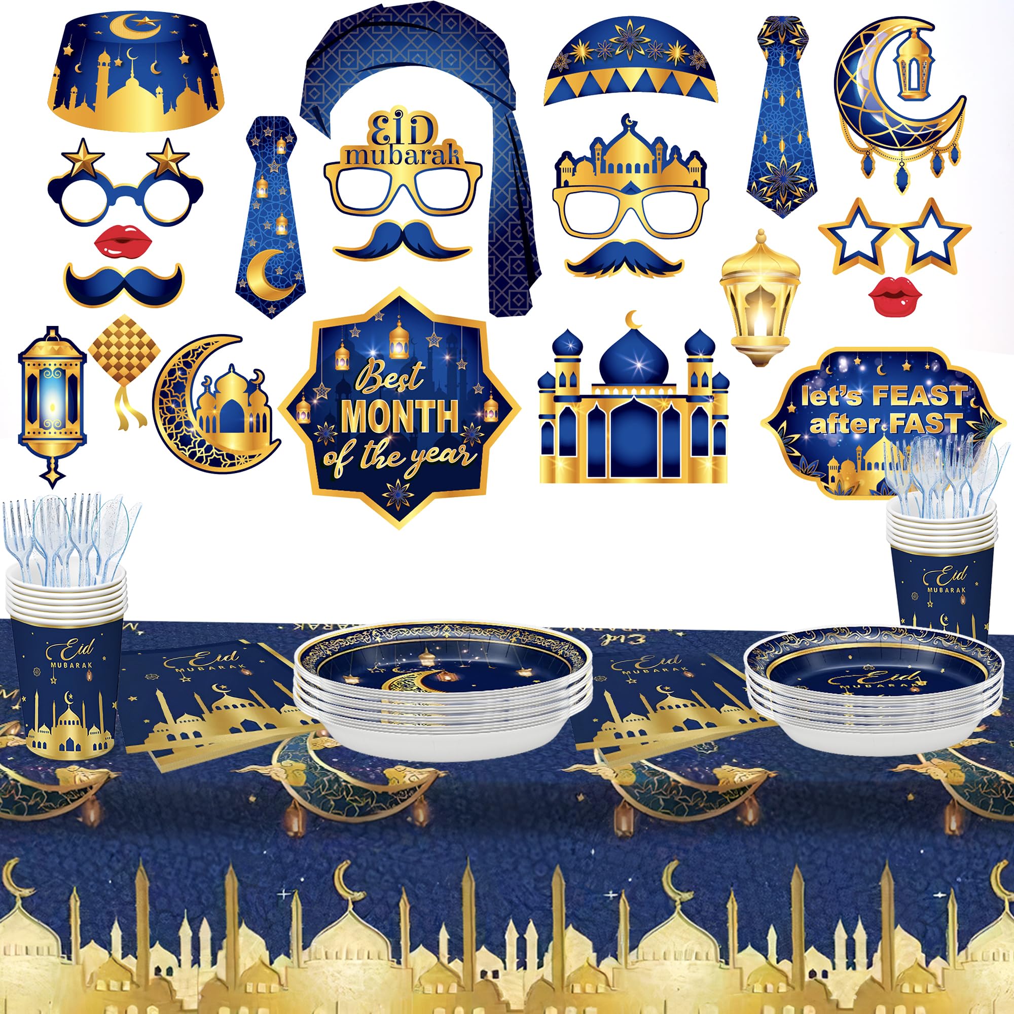 KatchOnKatchOn, Eid Mubarak Tableware Set - Serves 25, Pack of 176 | Blue and Gold Eid Photo Props - Pack of 25 | Eid Mubarak Table Cloth, Plates, Napkins for Eid Mubarak Decorations | Eid Photo Booth Props