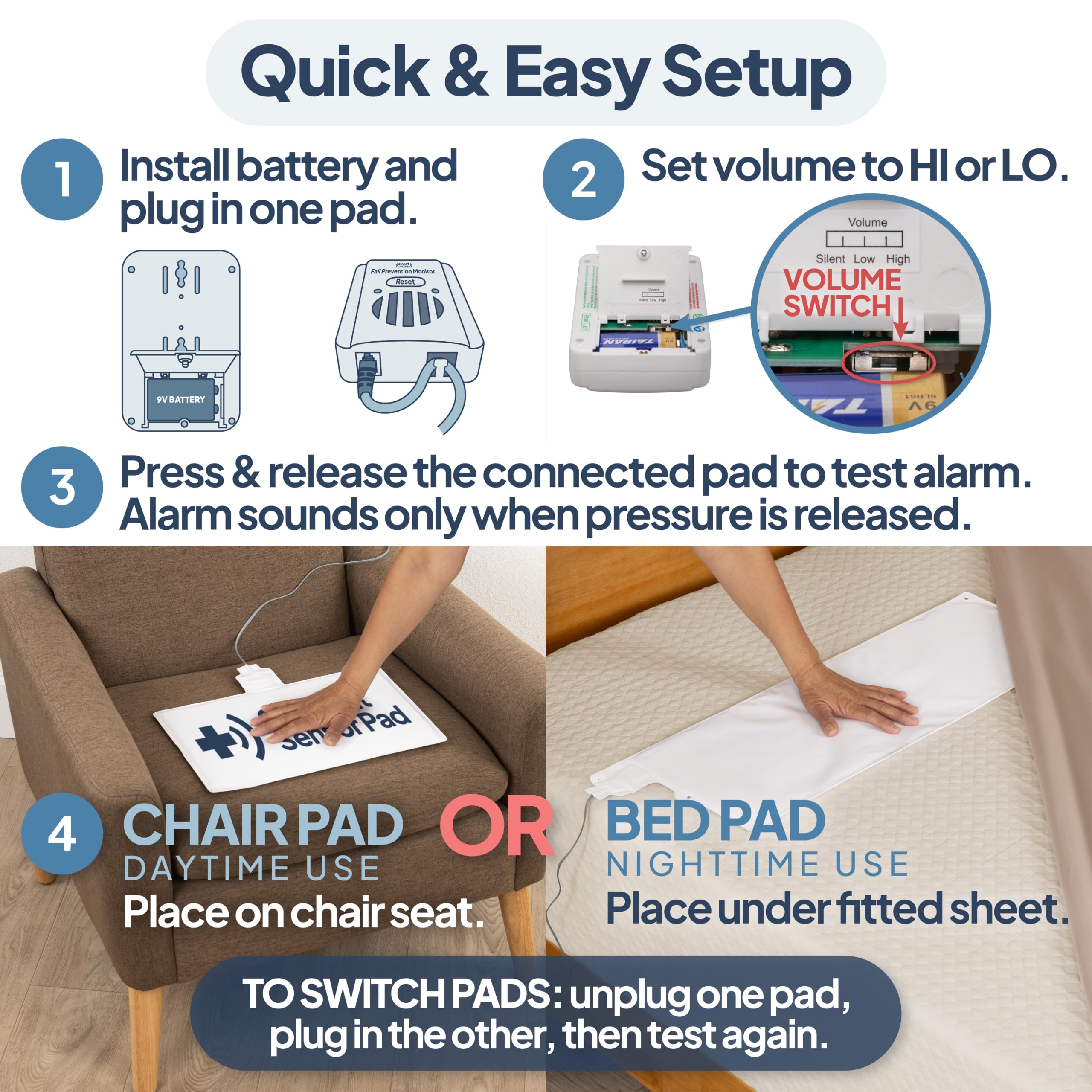 Bed Alarm with Long Term Bed and Chair Pads