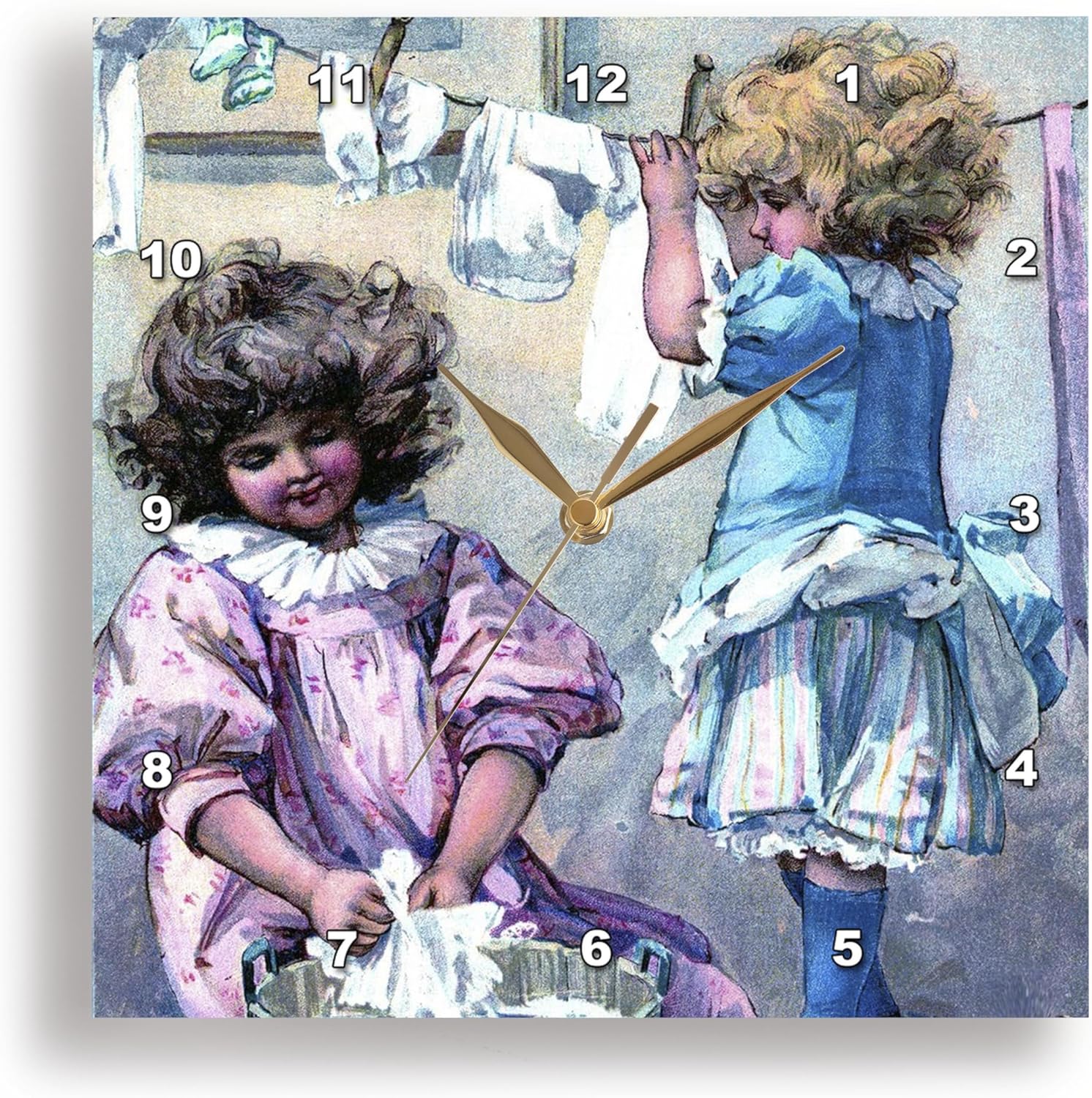 3dRose Wall Clock Silent - 13 inch - Little Girls On Laundry Day - Victorian Images