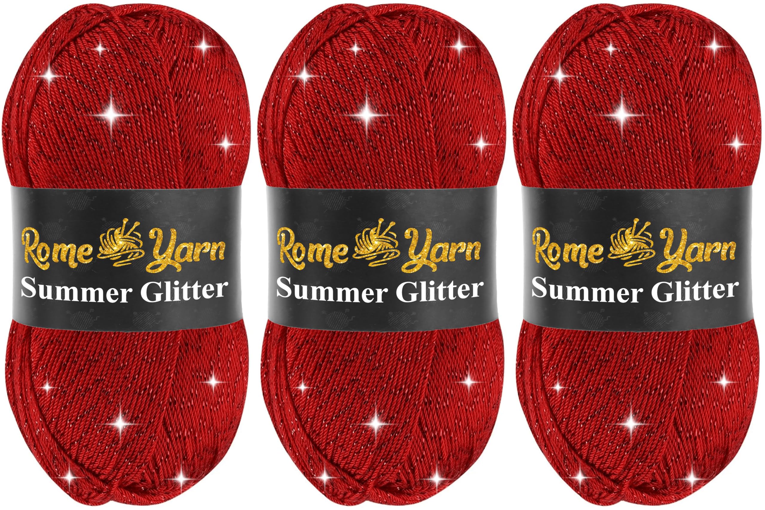 Rome Yarn Summer Glitter | 3 x 100g | Sparkle Yarn | Silk Effect | Acrylic Anti-Pilling Metallic Simli and Satin Textured Wool Thread Crochet Art Lace Craft (165 Red)