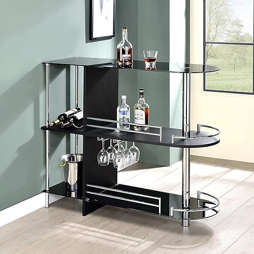 Kings Brand Furniture Mesa de bar con dos estantes de vidrio templado color negro Kings Brand Furniture Mesa de bar con dos estantes de vidrio templado color negro
