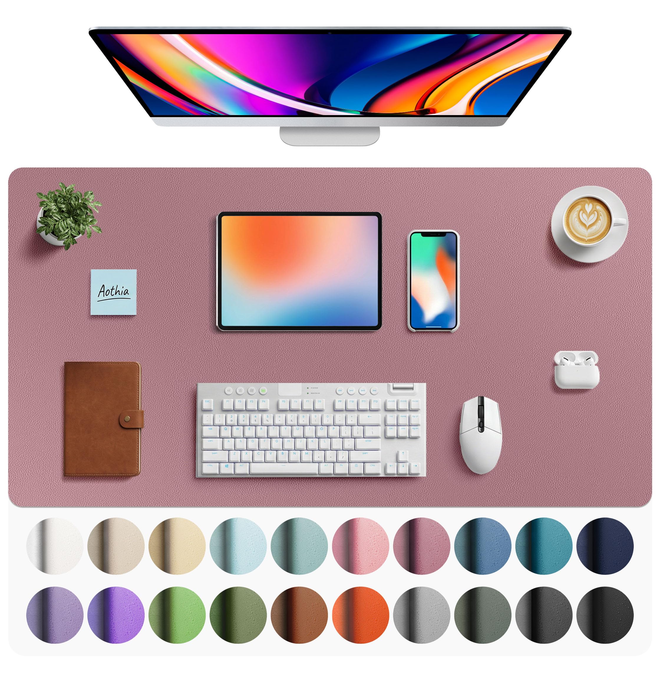 Aothia Faux Leather Desk Mat - Large Mouse Pad, Non-Slip PU Leather Blotter, Waterproof Writing Surface for Office and Home (Dark Pink, 40" x 24")