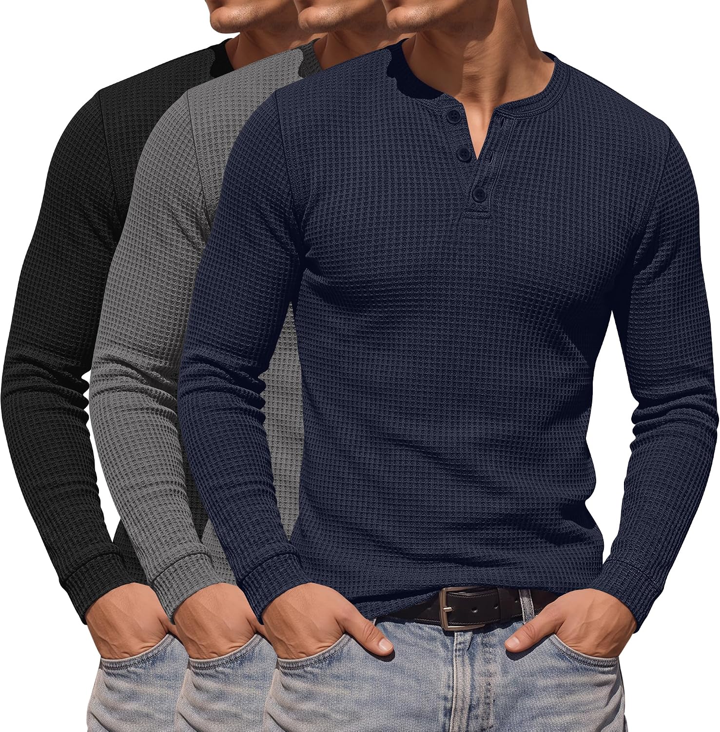 3 Pack Men's Waffle Henley Shirts Long Sleeve Pullover