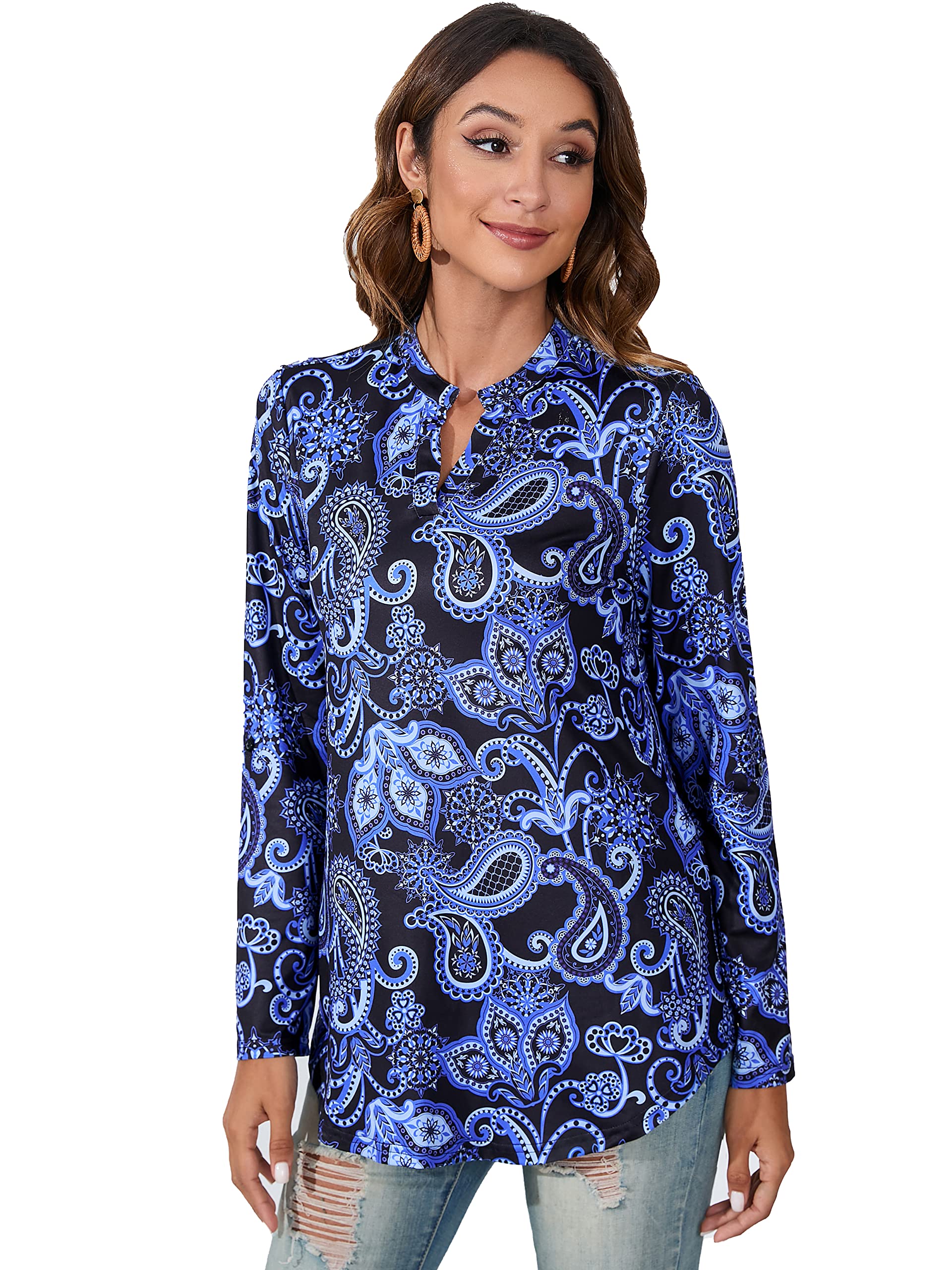 Enmain Camisetas de Manga Larga para Mujer Cuello V Elegante Túnica Casual Suelto Manga Ajustable Blusas Top