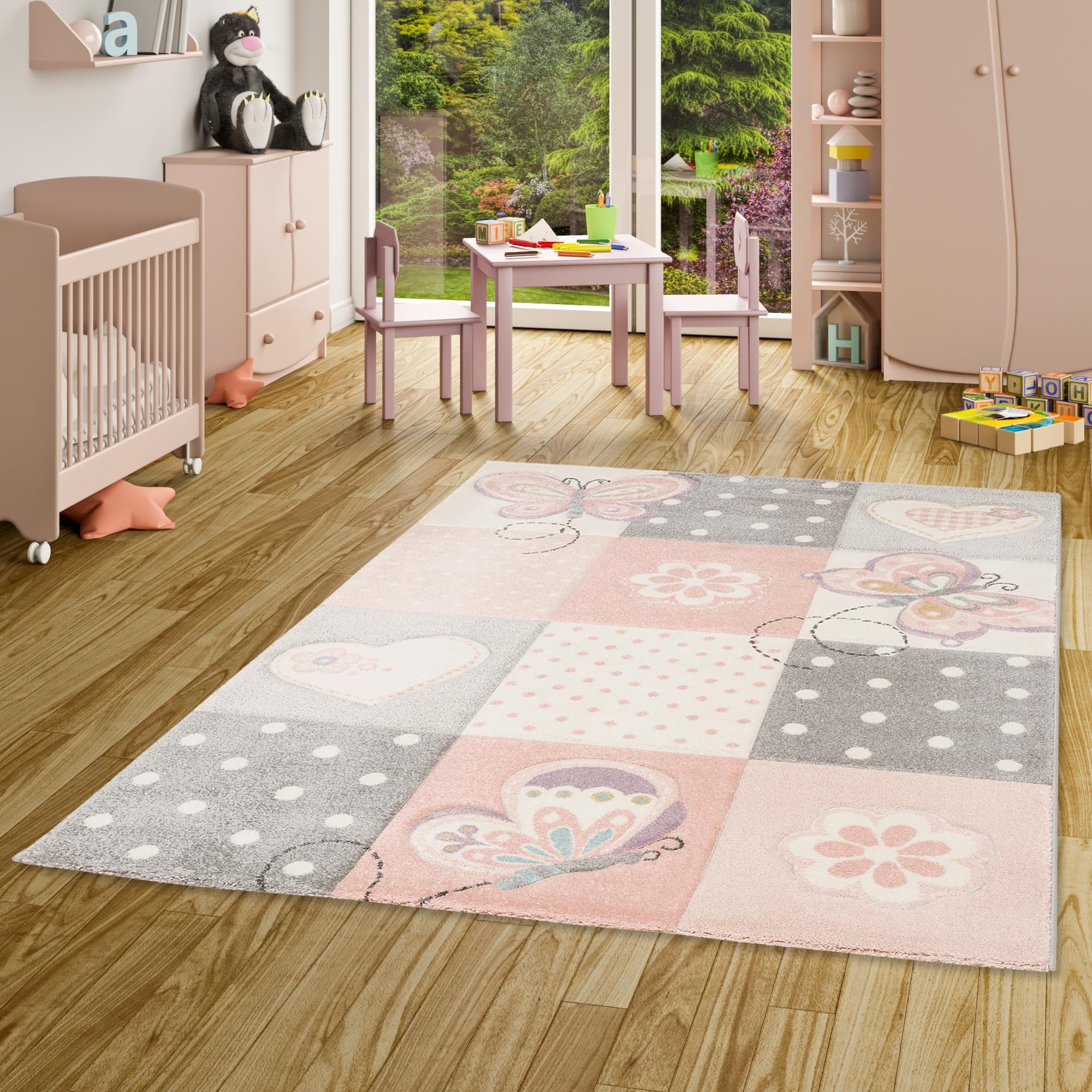 Pergamon Kinder Teppich Maui Kids Rosa Karo Herzen in 5 Größen