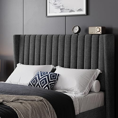 Miniatura 62 de Yaheetech - Base de cama matrimonial, plataforma tapizada con cabecera de borde ala, base de colchón de tela capitoné cuadrada, soporte de listones