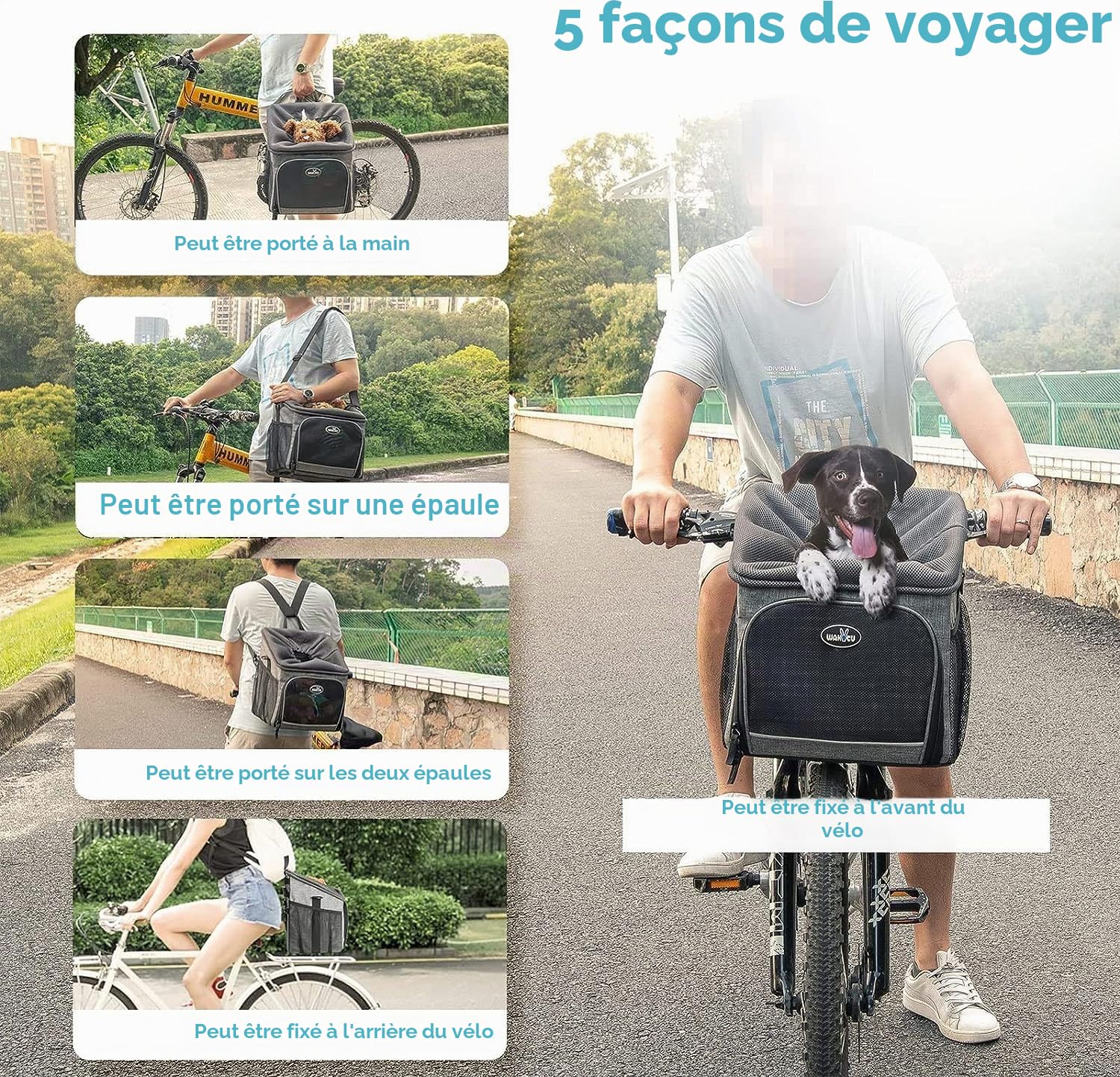 Wakytu Panier de Transport de vélo pour Chien, Sac à Dos de Transport Avant pour vélo Pliable, Amovible, Bandes réfléchissantes, 2 Poches de Rangement latérales, Sac de Voyage pour Animaux de