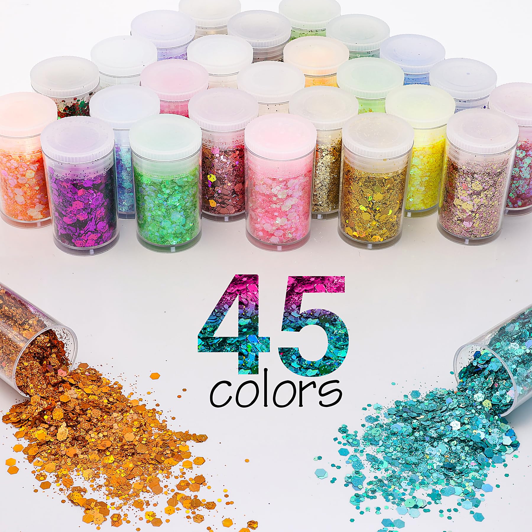 Paillettes Fines 45 Couleurs pour Art & Craft, Nail Art, Maquillage, Corps, Loisirs Créatifs