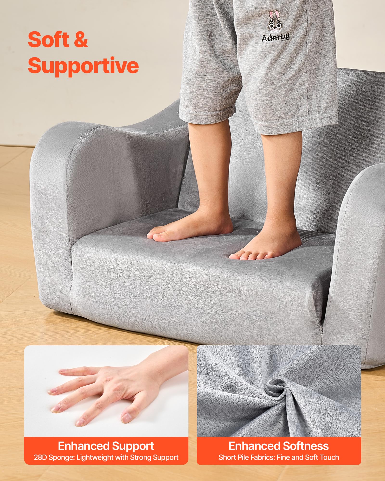 VEVOR Canapé pour Enfants 2-en-1 Convertible en Chaise Longue, Canapé-lit Pliable et Moelleux, avec Accoudoirs, en Éponge 28D et Poils Courts, Sofa Tout-Petits pour Chambre d’Enfants, Gris, M
