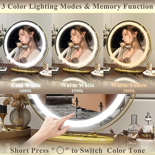 Miniatura 3 de Vierose Espejo de maquillaje grande de 20 pulgadas con luces, 3 modos de iluminación de color, espejo de maquillaje redondo iluminado con halo LED