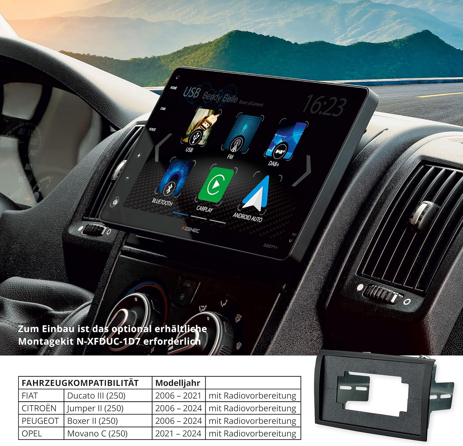 ZENEC Z-E3771 installed in a Fiat Ducato dashboard, showing the required N-XFDUC-1D8 mounting kit and vehicle compatibility table.