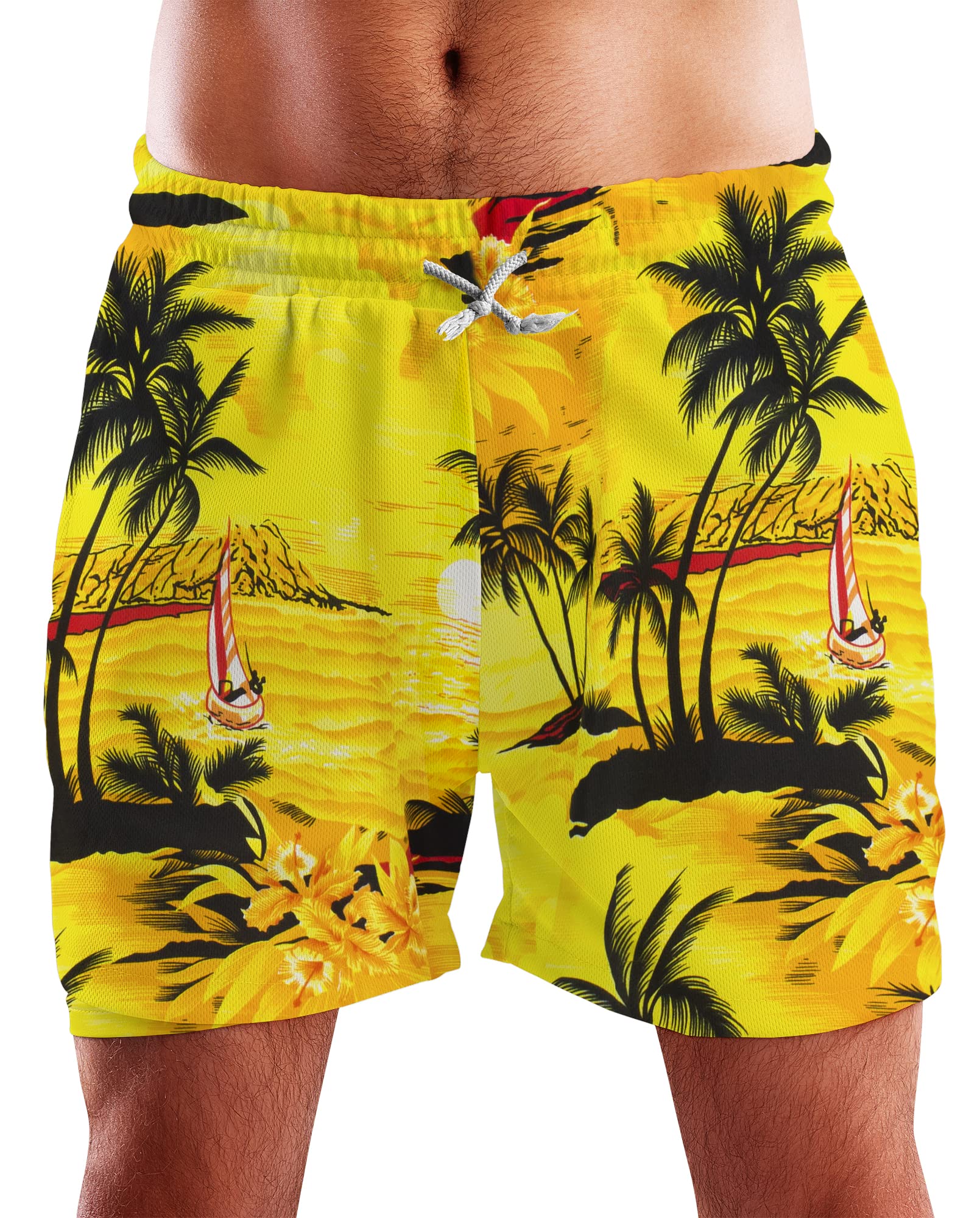 King Kameha Funky Hawaiian Board-Shorts Trunks Swim-Pants, Surf, Yellow, M