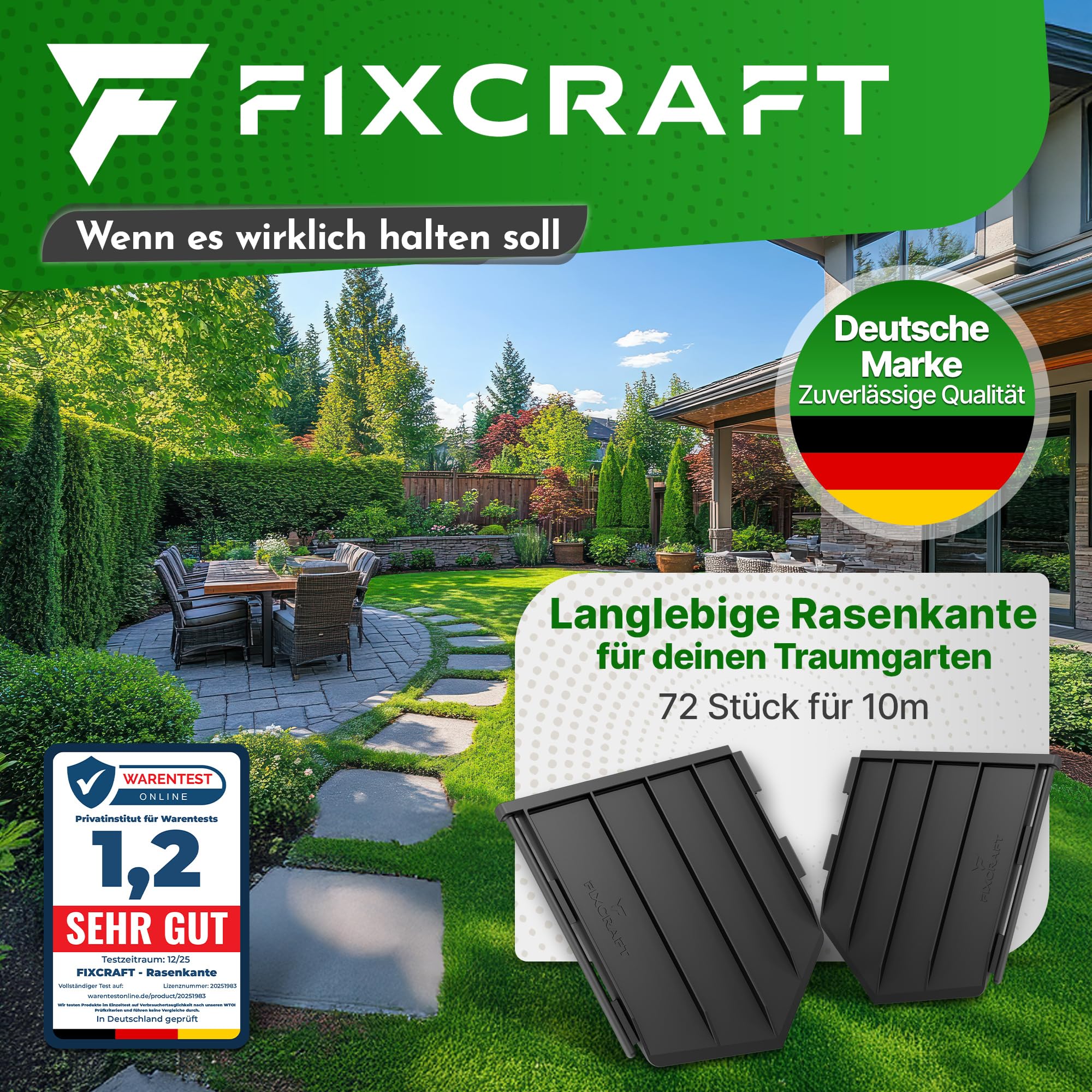Rasenkante Kunststoff 10m [15cm hoch] - Mähkante, Beeteinfassung | Flexible Beetumrandung, Beetkante | Stabil, knickfest, breiter Schlagkopf | Sicher für Mähroboter, Kinder