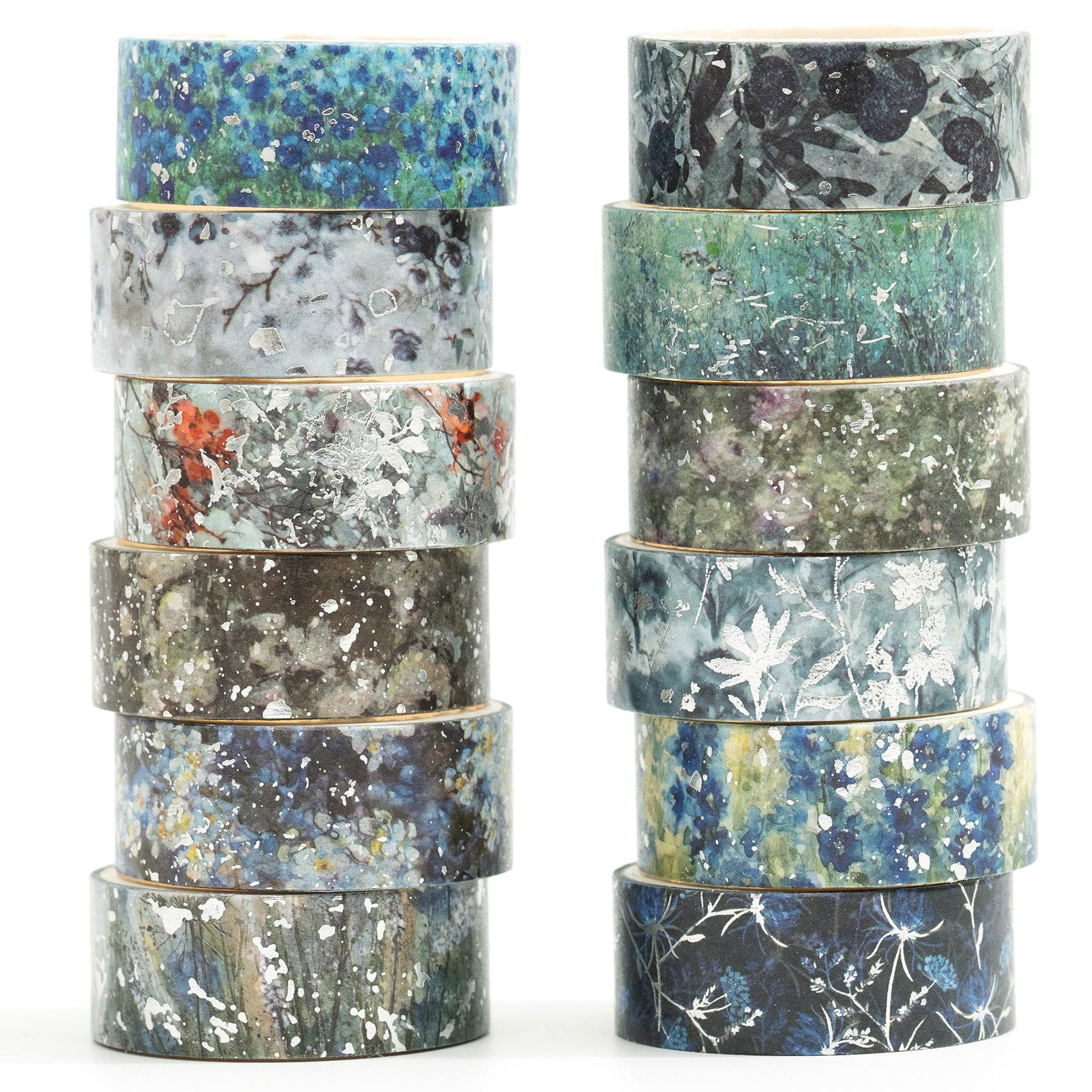 Songdao 12 Rolls Flowers Washi Tape Set Floral Arts Adhesive Tapes Splast Silver Decorative Masking Tape Sets for Craft, Kids, Scrapbook, DIY, Gift Wrapping (Monochrome Elegance)