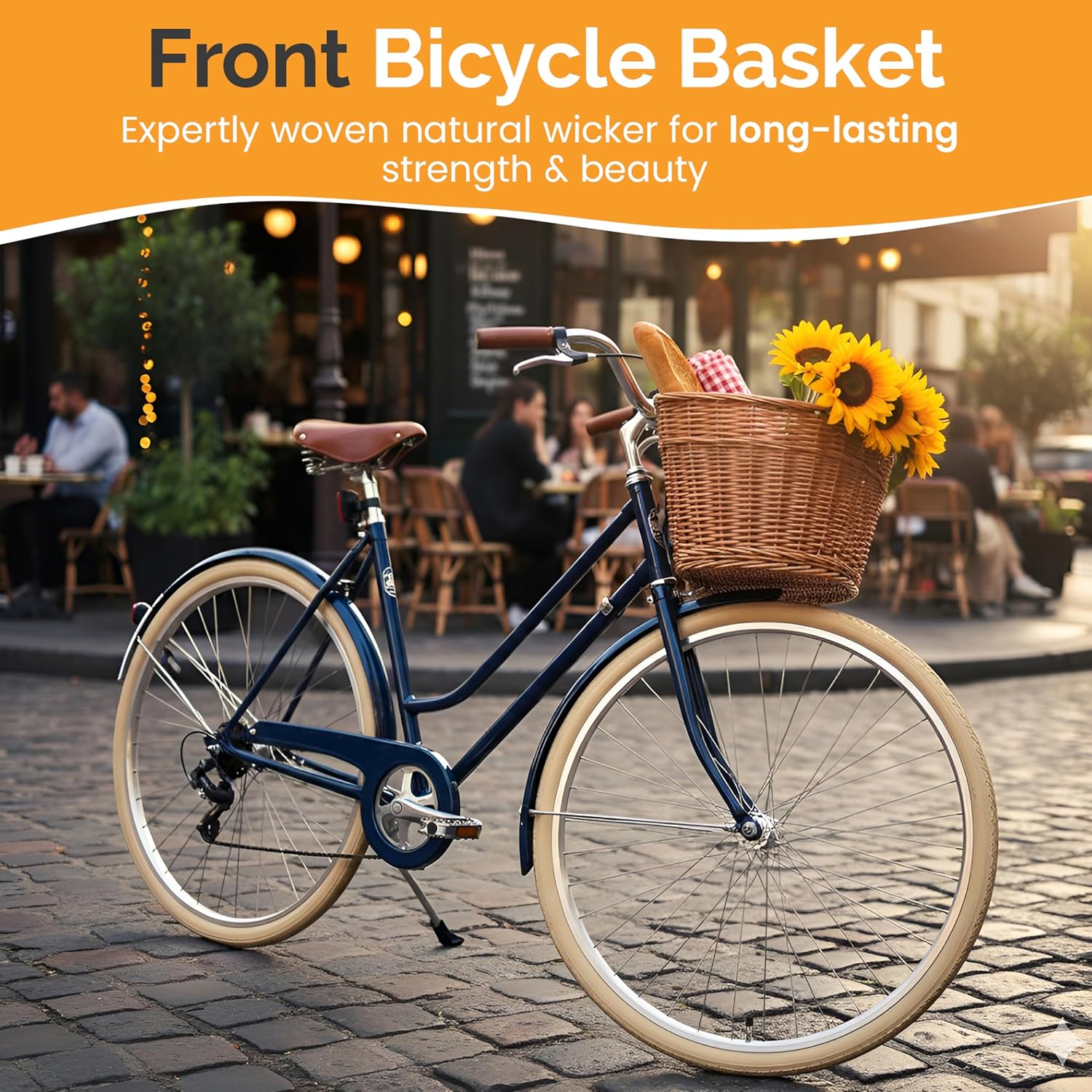 Wicker Front Cargo Bike Basket - Perfect for Riders of All Ages and Genders - for Beach Cruiser, Stationary Bike, E-Bike, or Road Bike with Stylish Faux Leather Straps