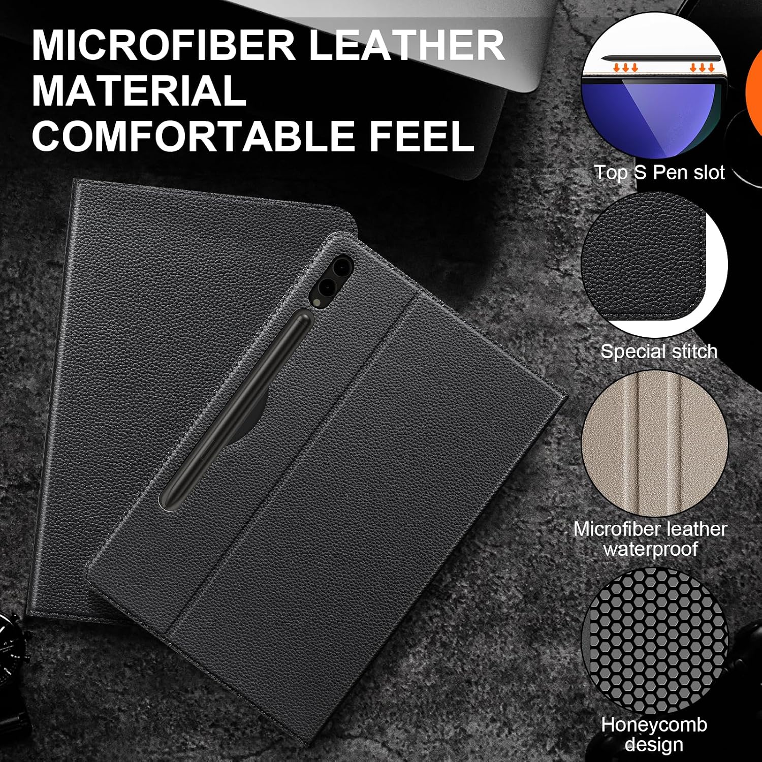 Leather Case for Samsung Galaxy Tab S10 Plus/S9 Plus/S9 FE+ 12.4 Inch with Pencil Holder, Shockproof Protective Adjustable Kickstand Smart Premium Folio Flip Tablet Cover, Black