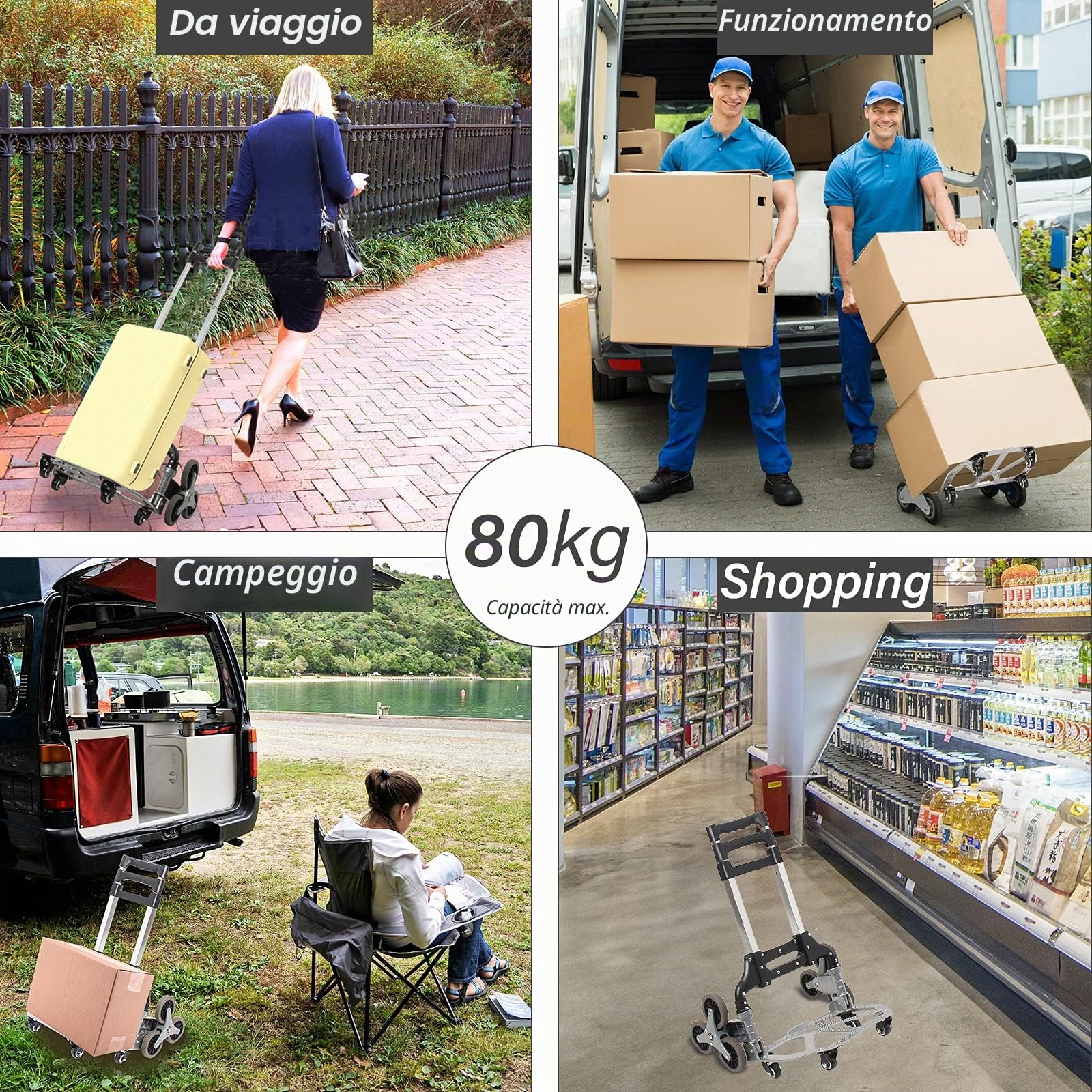 Todeco Carrello Trasporto Alluminio 80kg 10 Ruote Pieghevole | Corde espansione altezza regolabile, 4 ruote universali 360°, trasporto carico logistica giardino, leggero resistente