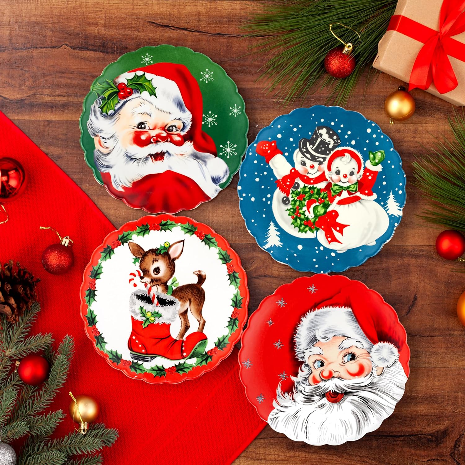 Mr. Christmas Vintage Christmas Dessert Plates Dinnerware, 8 Inch, Set of 4, Holiday Characters