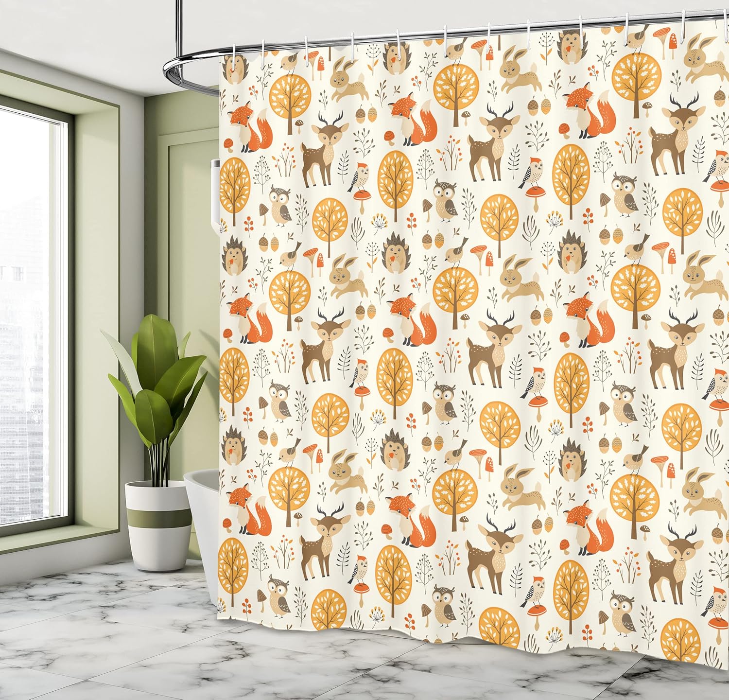 Ambesonne Cartoon Shower Curtain, Design Owls Deers Birds Rabbits Nature Flower Image, Cloth Fabric Bathroom Decor Set with Hooks, 69" W x 70" L, Marigold