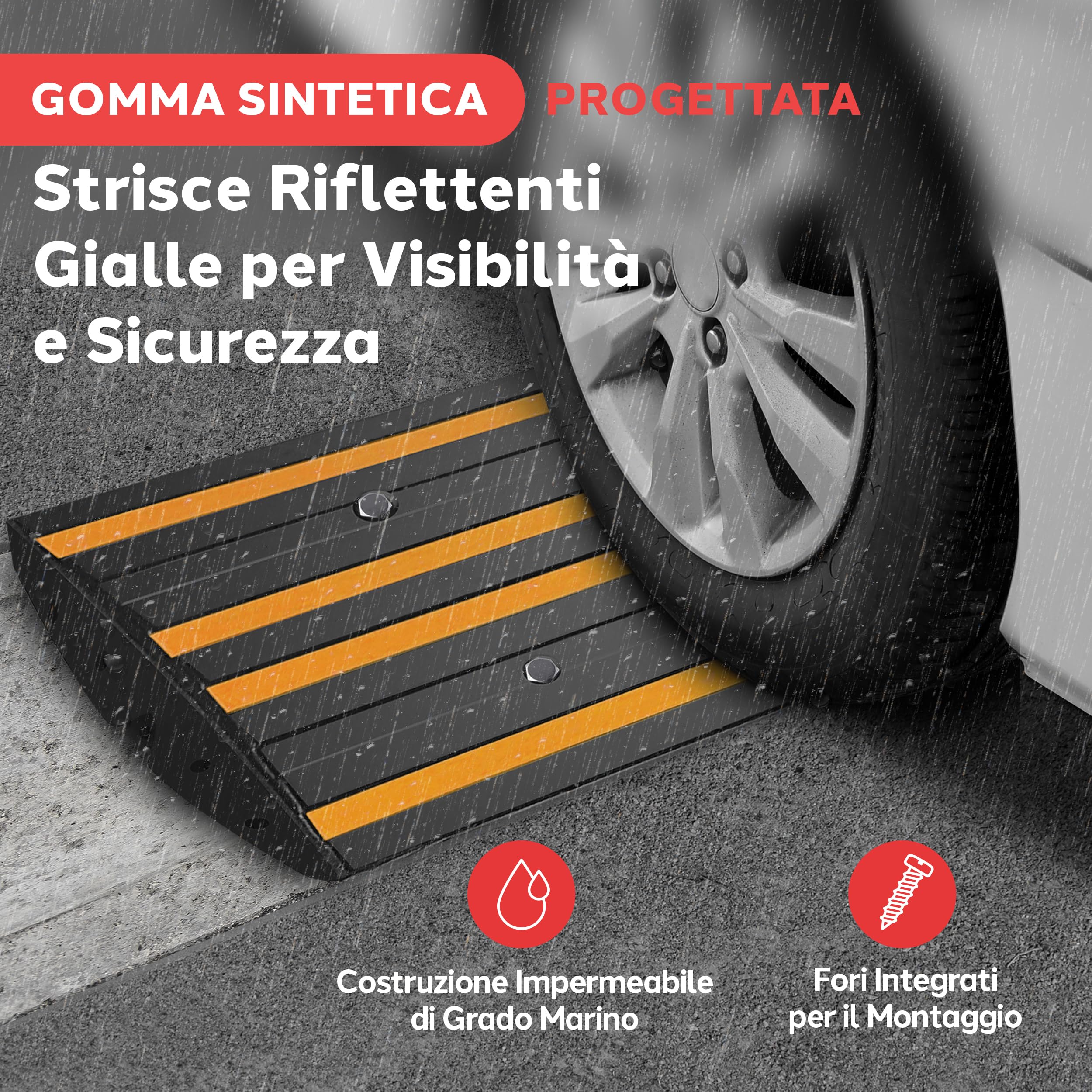 Pyle Rampa Auto in Gomma 120x40x6,5 cm, Rampe per Auto Antiscivolo Impermeabili con Strisce Riflettenti Gialle e Viti di Fissaggio