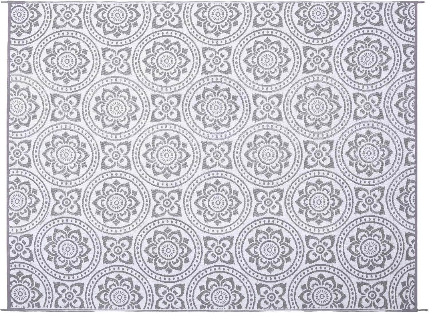 Stylish Camping 258106 8-feet by 10-feet Reversible Mat, Plastic Straw Rug, Large Floor Mat for Outdoors, RV, Patio, Backyard, Picnic, Beach, Camping - Boho Mat (Grey/White)