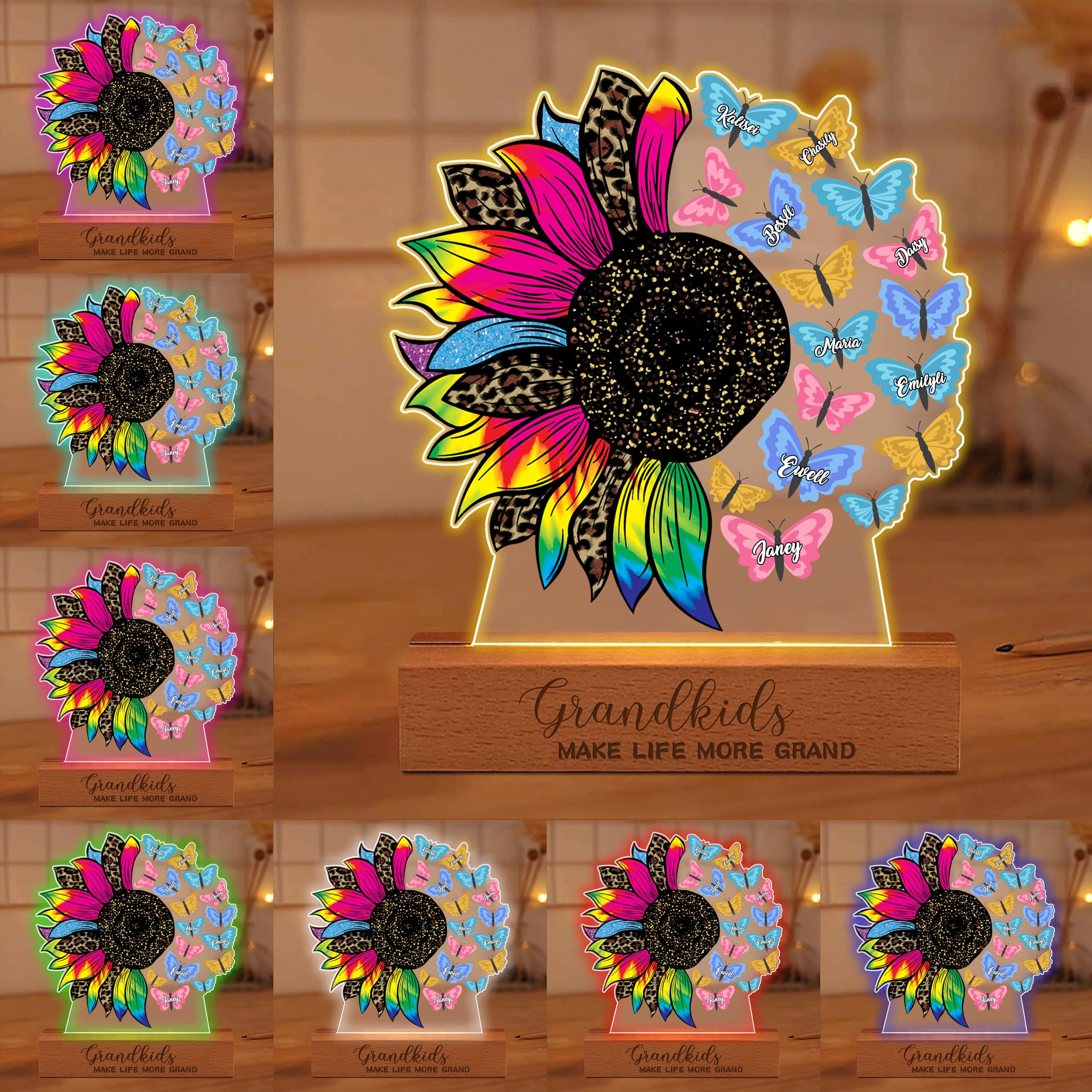 BFHEFGSUU Personalised Flower Family Night Light Custom 1-15 Names Sign Grandkids Make Life More Grand LED Light Gift for Grandma Grandpa Mother's Day Birthday (Style 10)